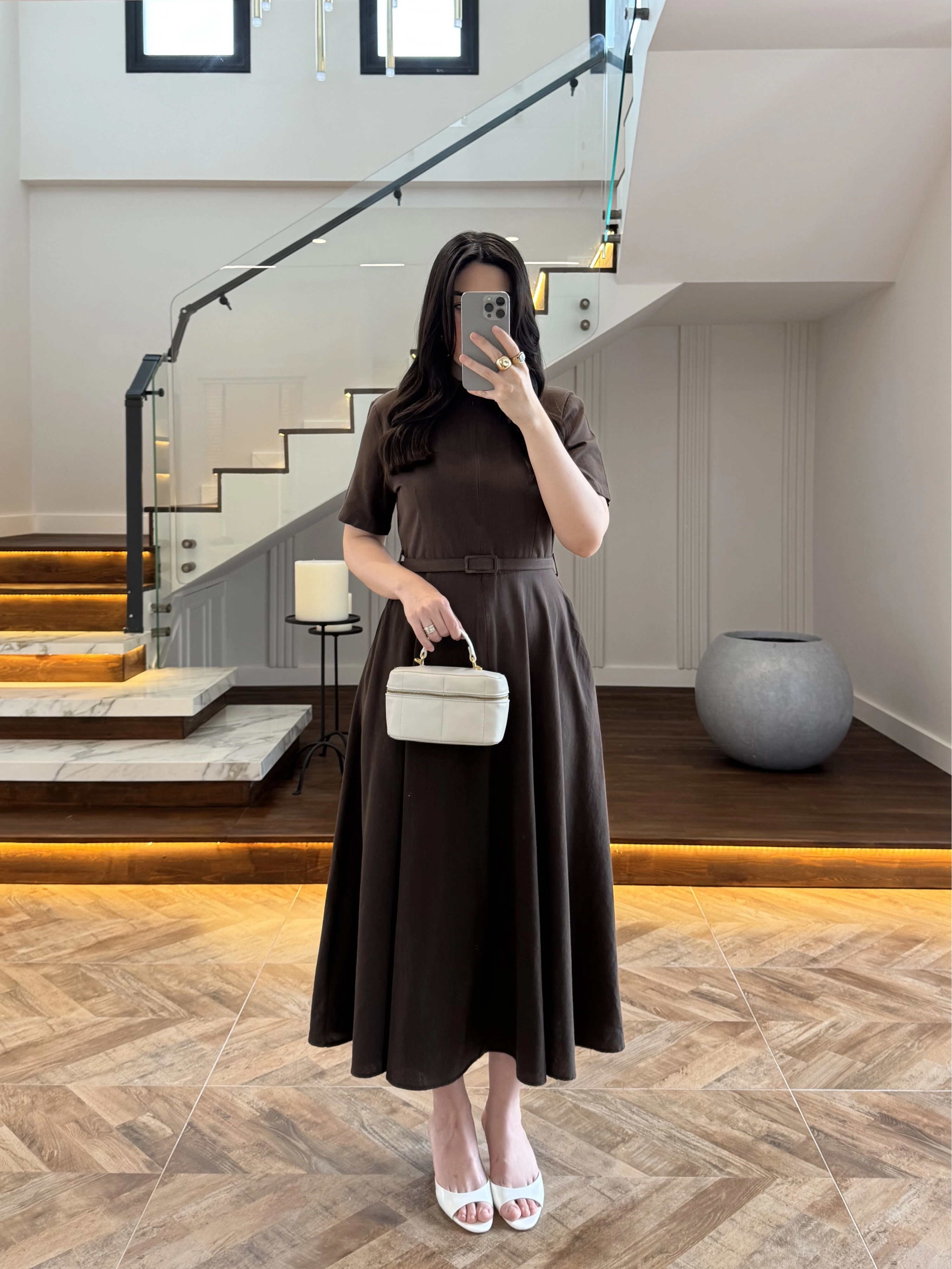 KAHVE KISA KOL KETEN ELBİSE -2402
