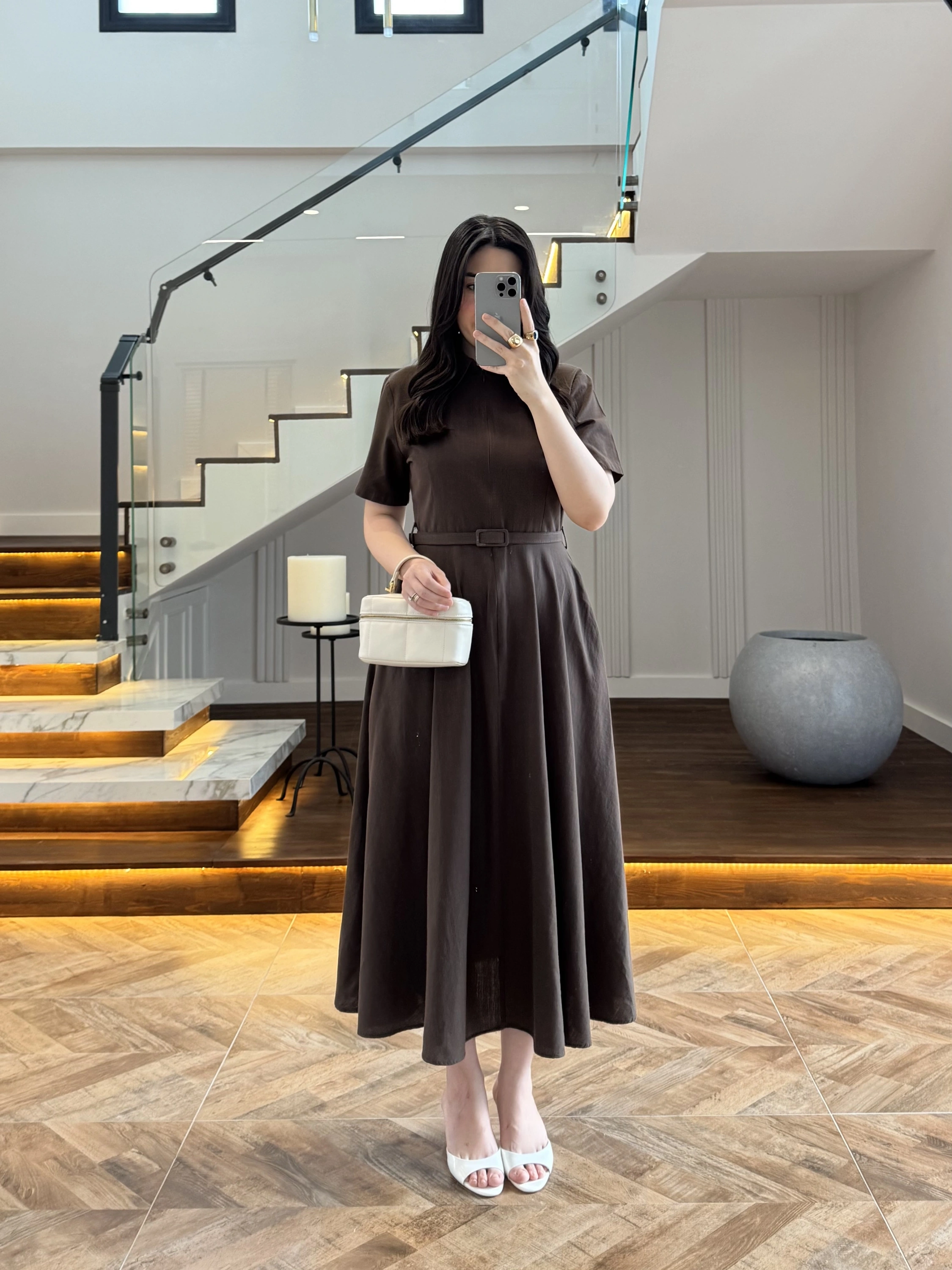 KAHVE KISA KOL KETEN ELBİSE -2402