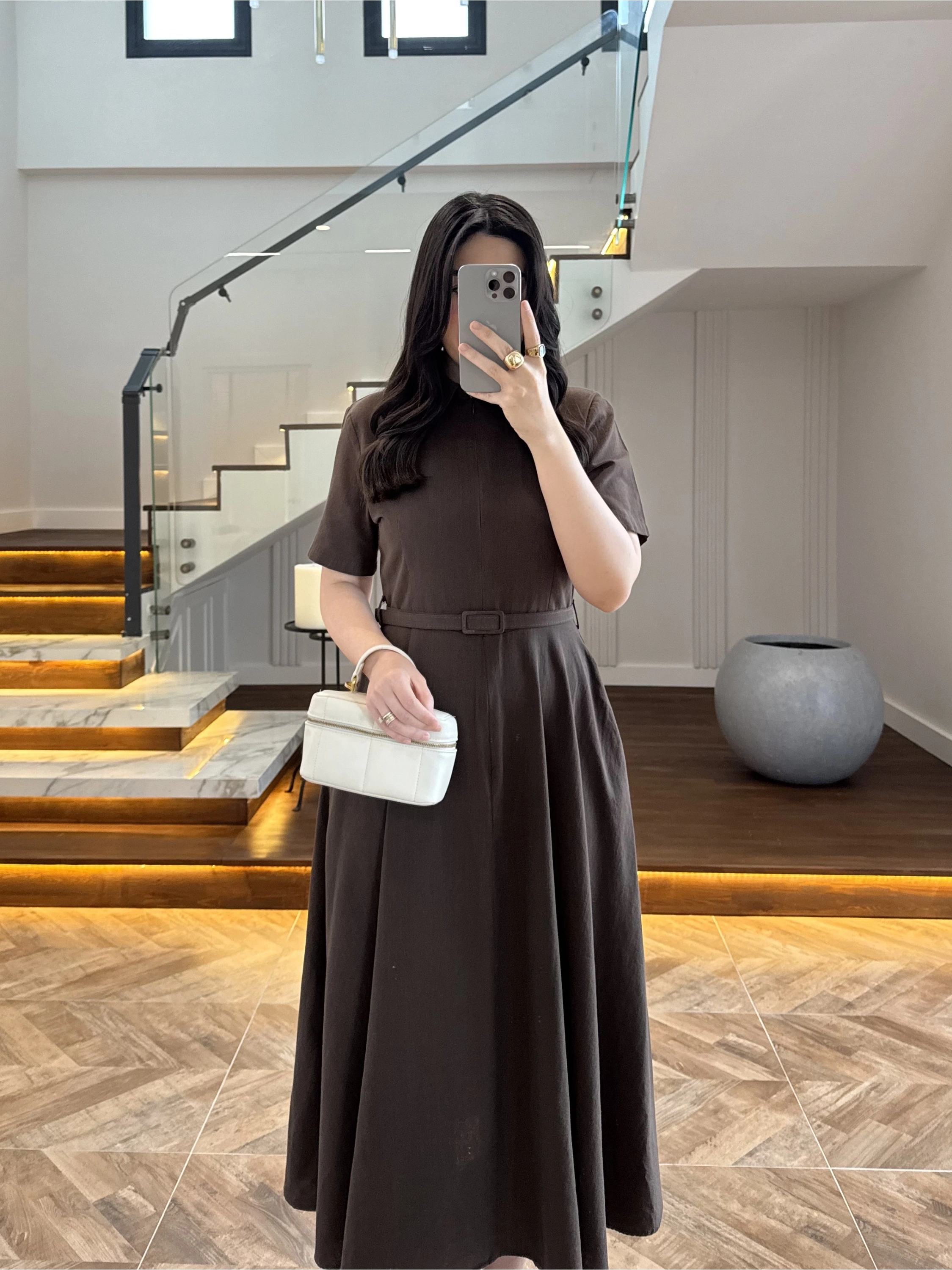 KAHVE KISA KOL KETEN ELBİSE -2402