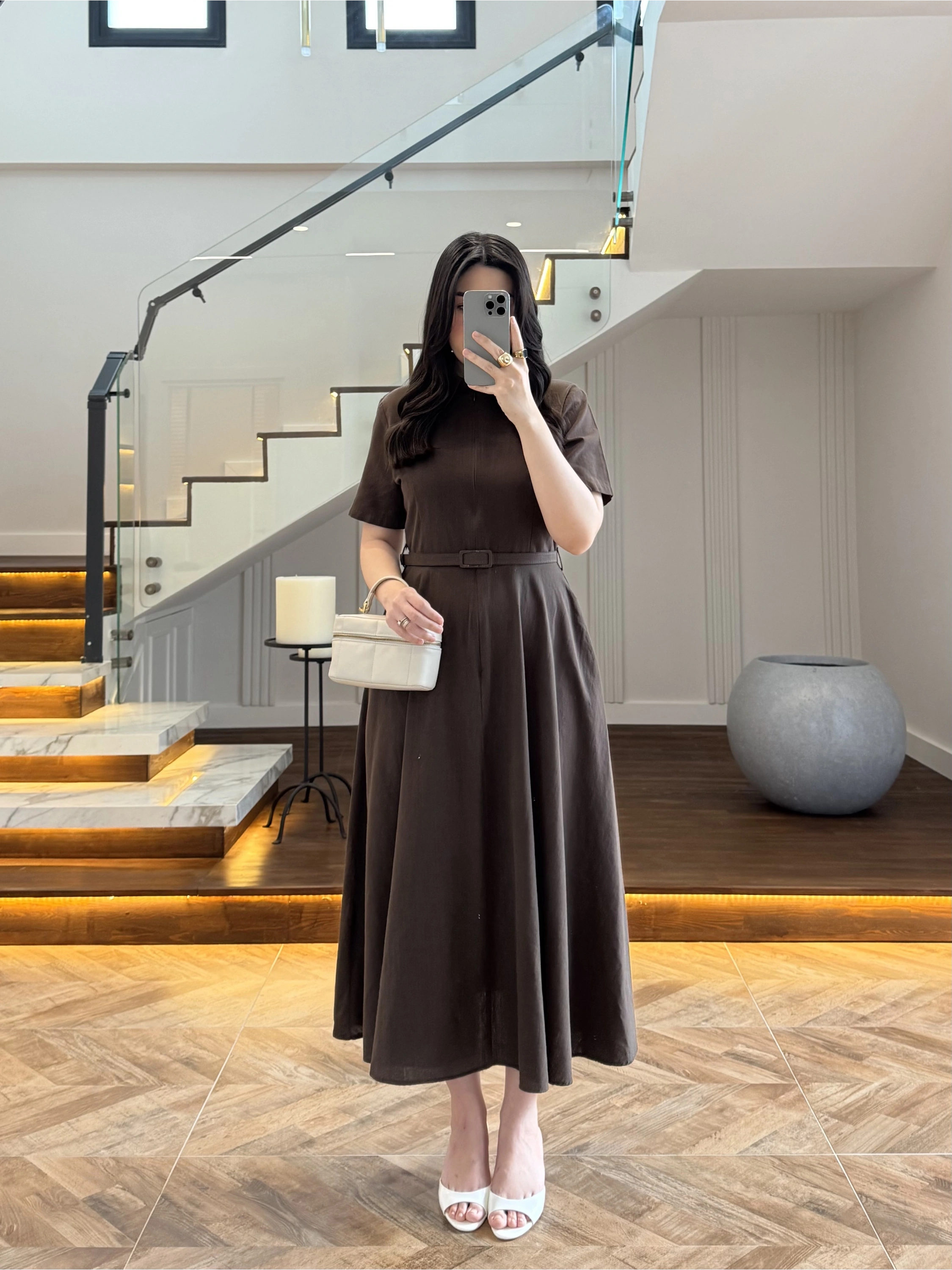 KAHVE KISA KOL KETEN ELBİSE -2402