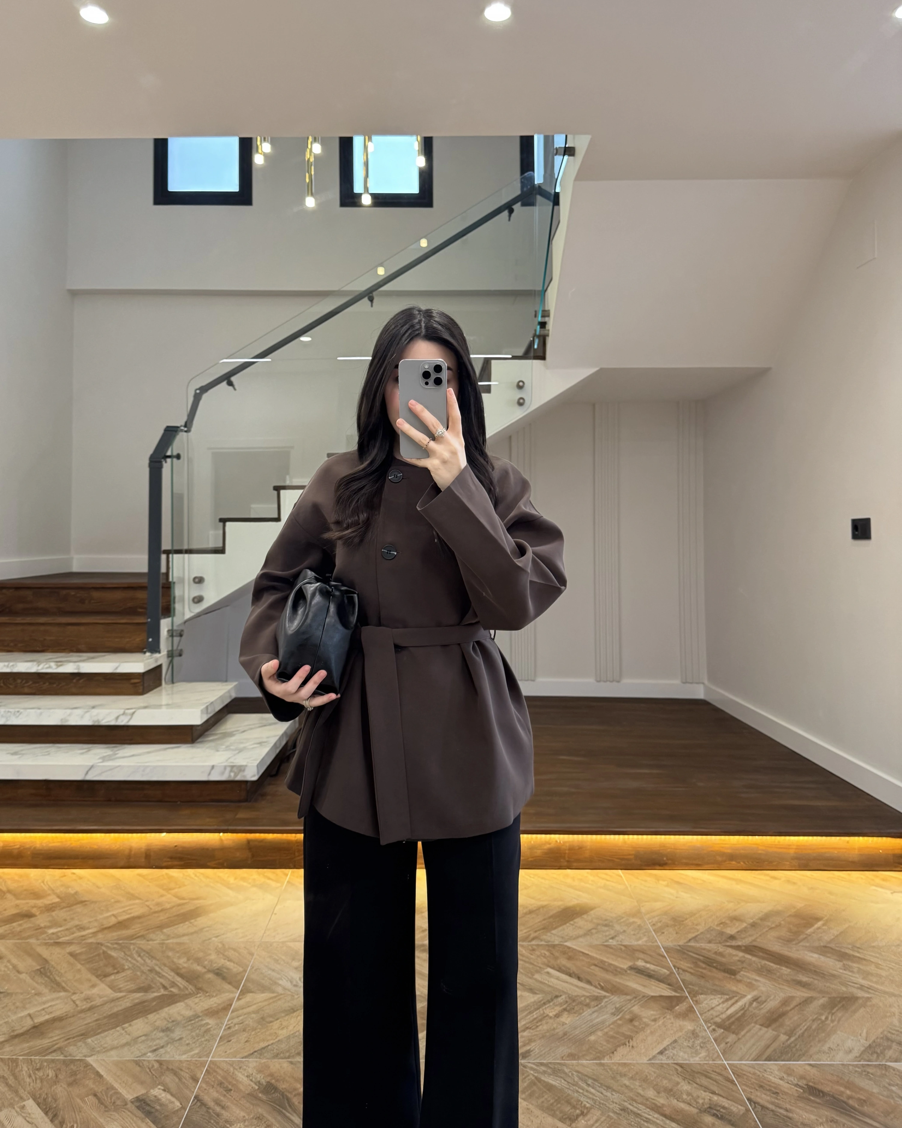 KAHVE KUŞAK DETAYLI CEKET-7672