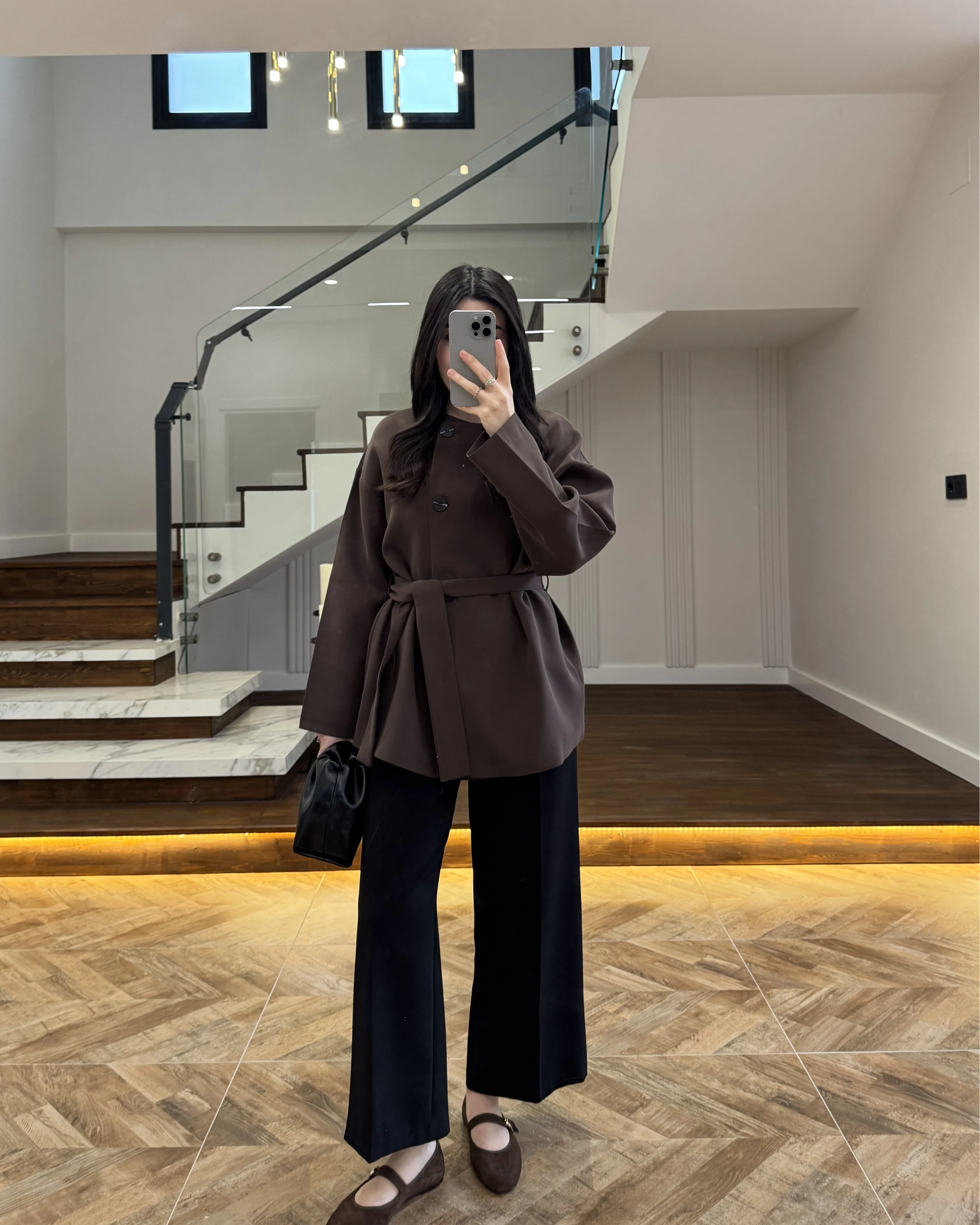 KAHVE KUŞAK DETAYLI CEKET-7672