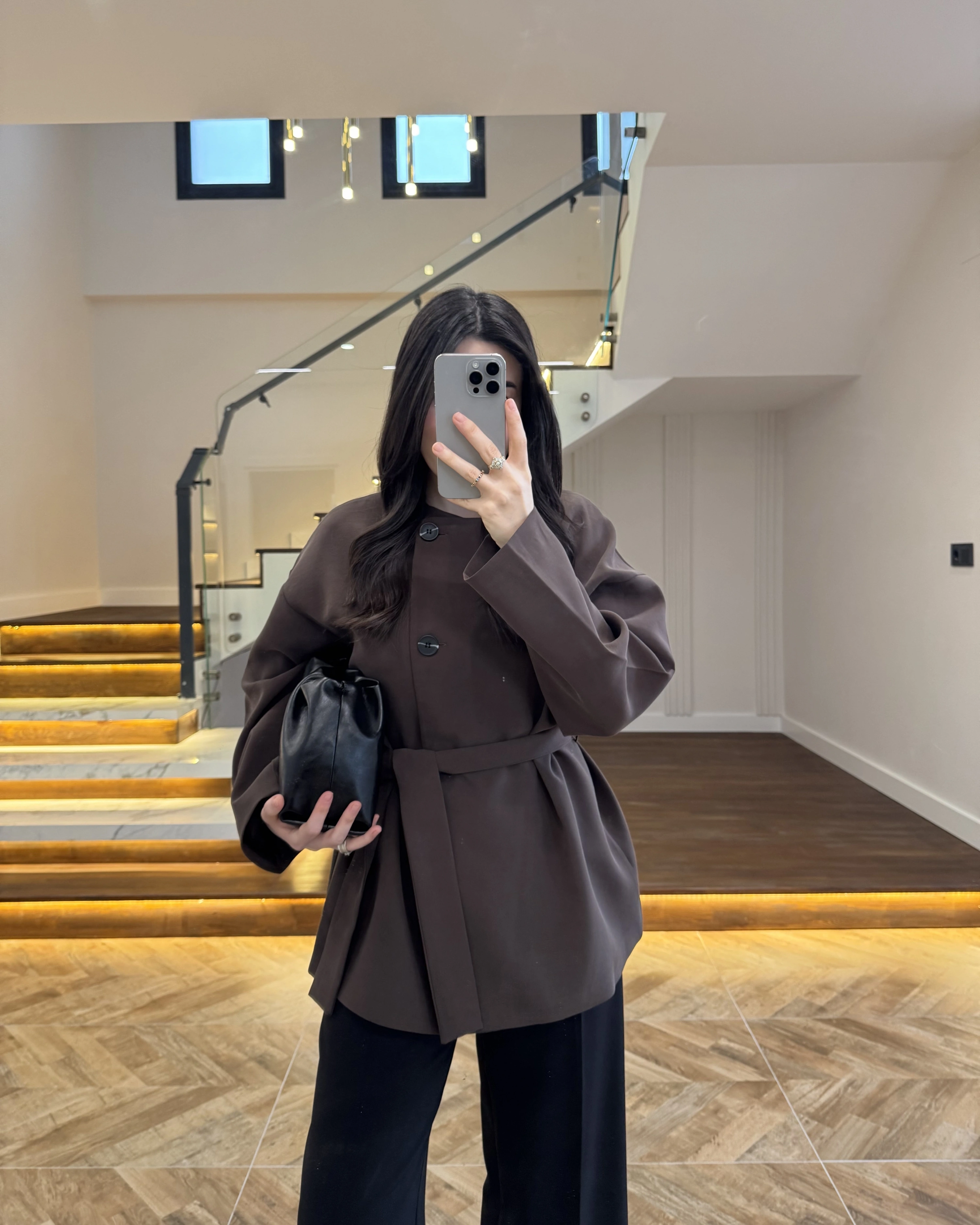 KAHVE KUŞAK DETAYLI CEKET-7672