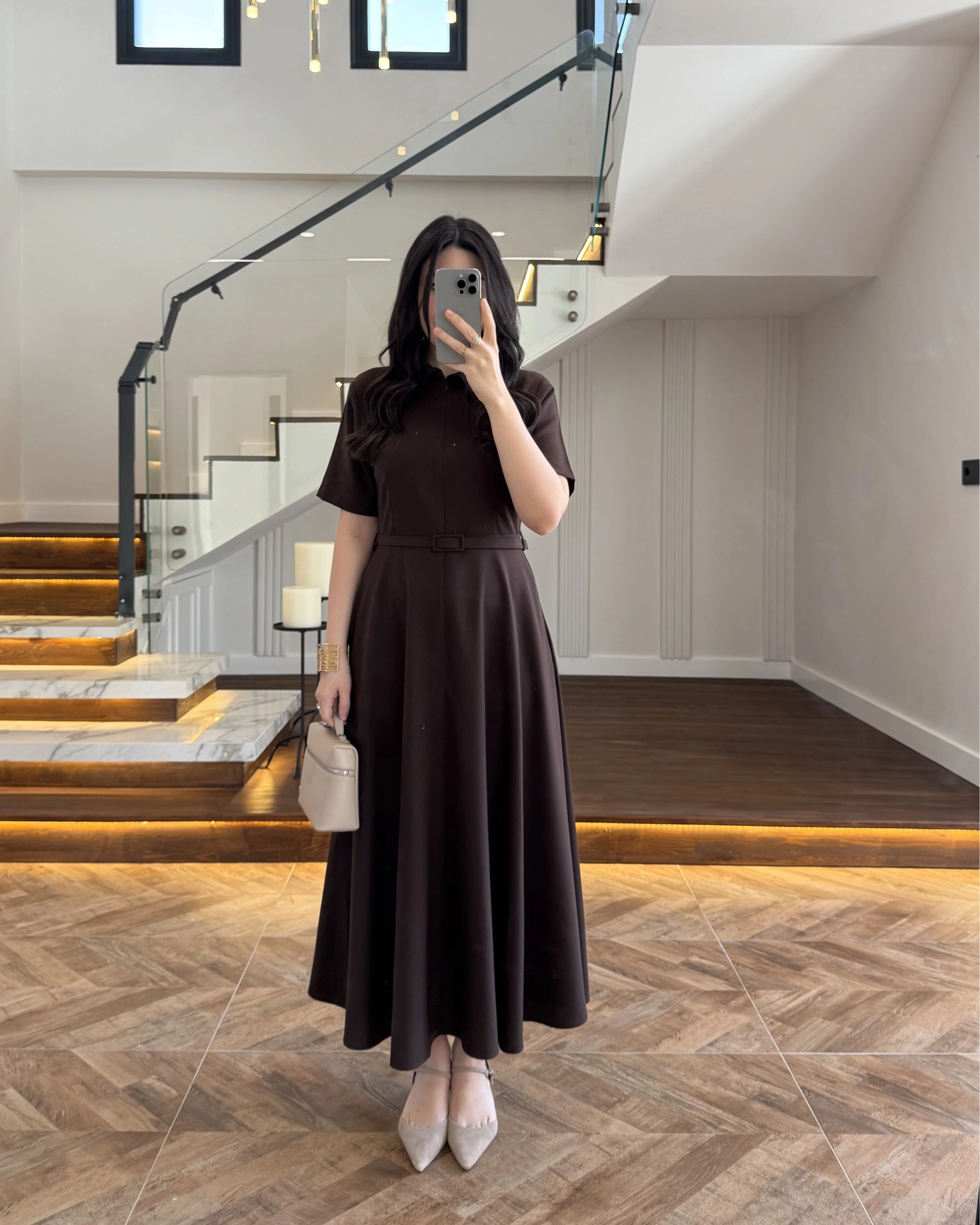 KAHVE ÖNÜ FERMUARLI ELBİSE -2341