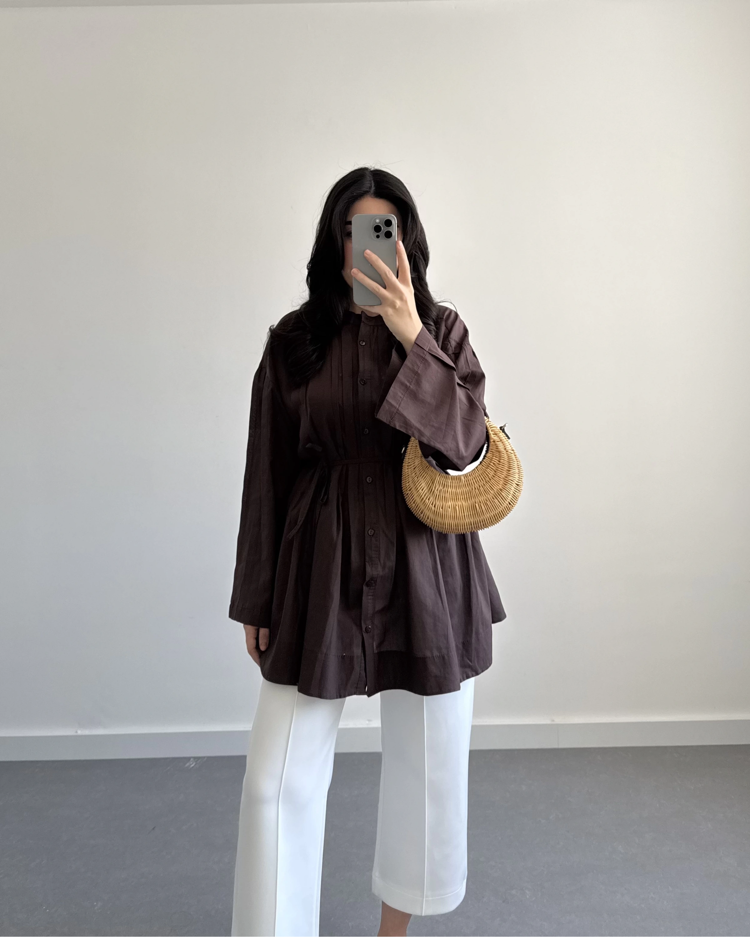 KAHVE PAMUK VUAL KUŞAKLI GÖMLEK