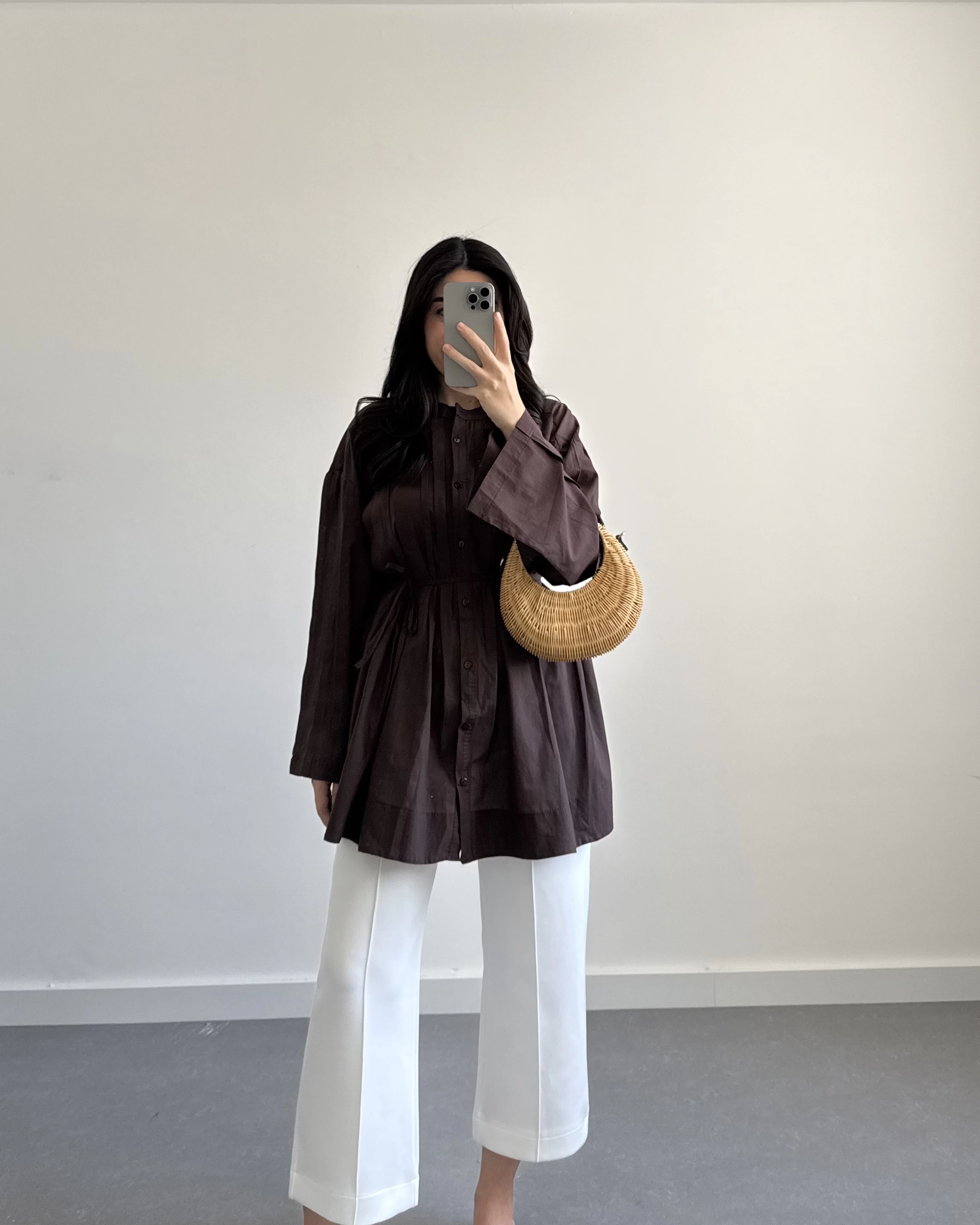 KAHVE PAMUK VUAL KUŞAKLI GÖMLEK