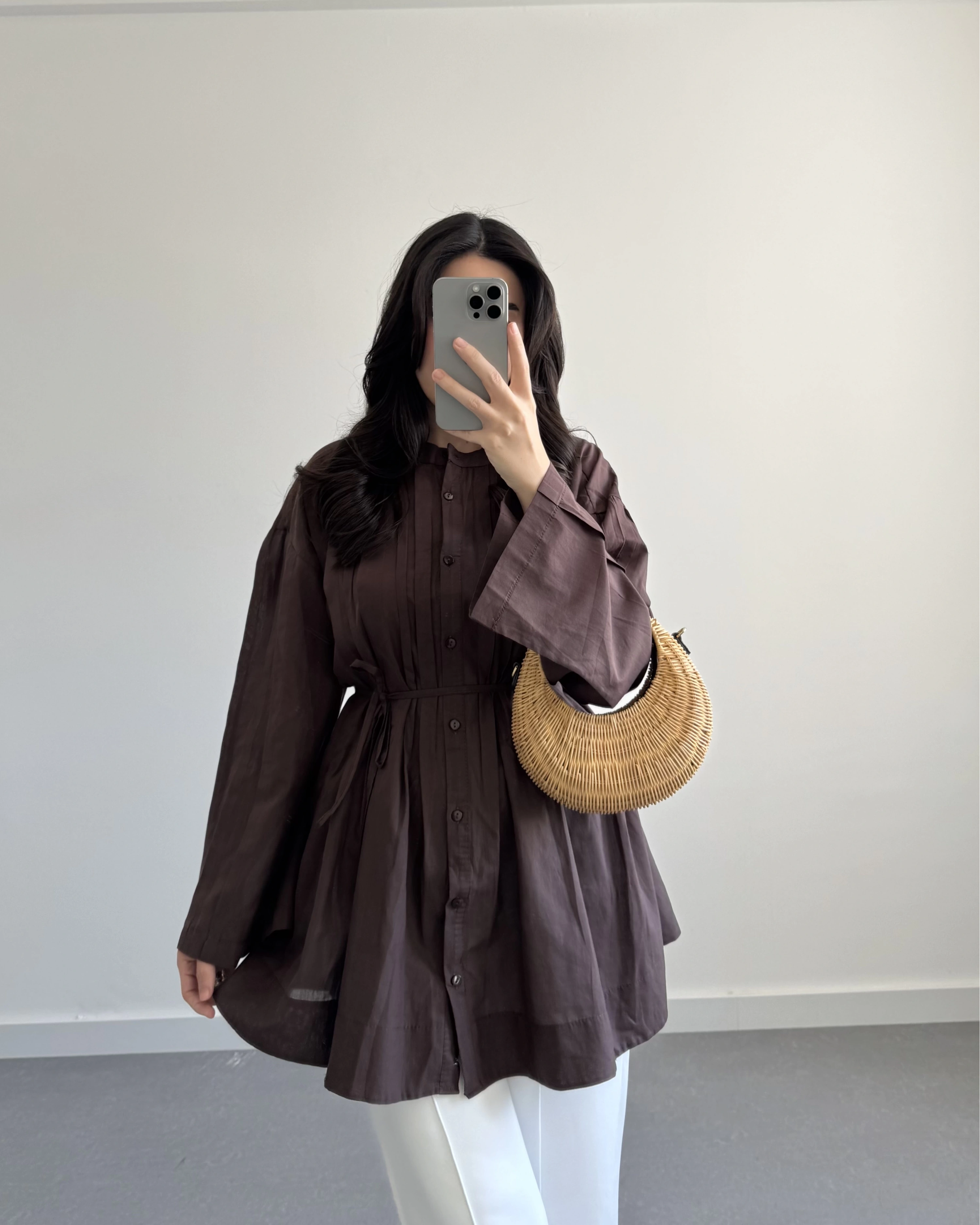 KAHVE PAMUK VUAL KUŞAKLI GÖMLEK