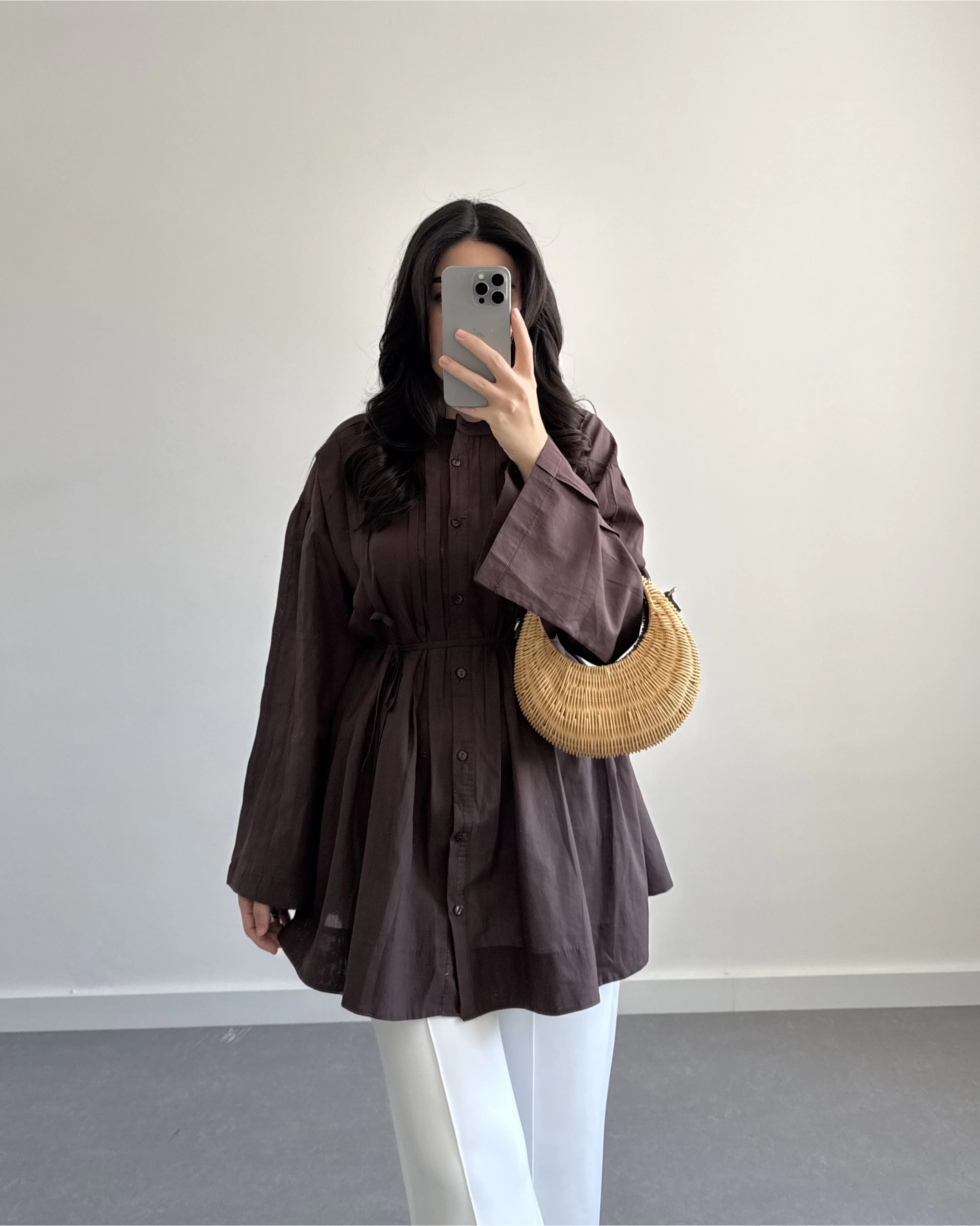 KAHVE PAMUK VUAL KUŞAKLI GÖMLEK