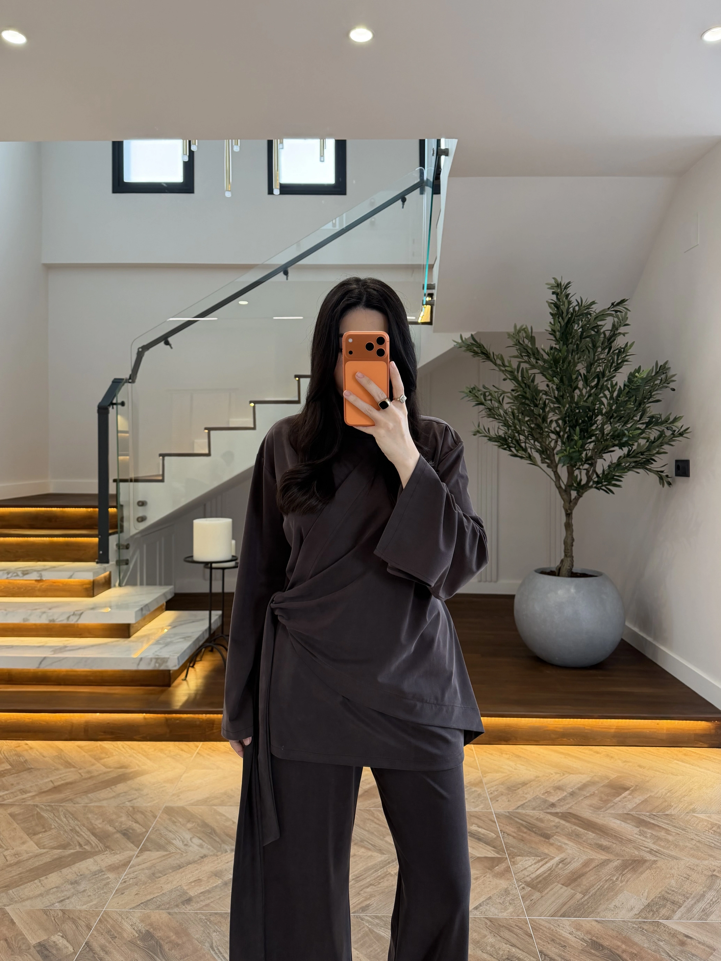 KAHVE PARÇALI TASARIM BLUZ PANT TAKIM-9257