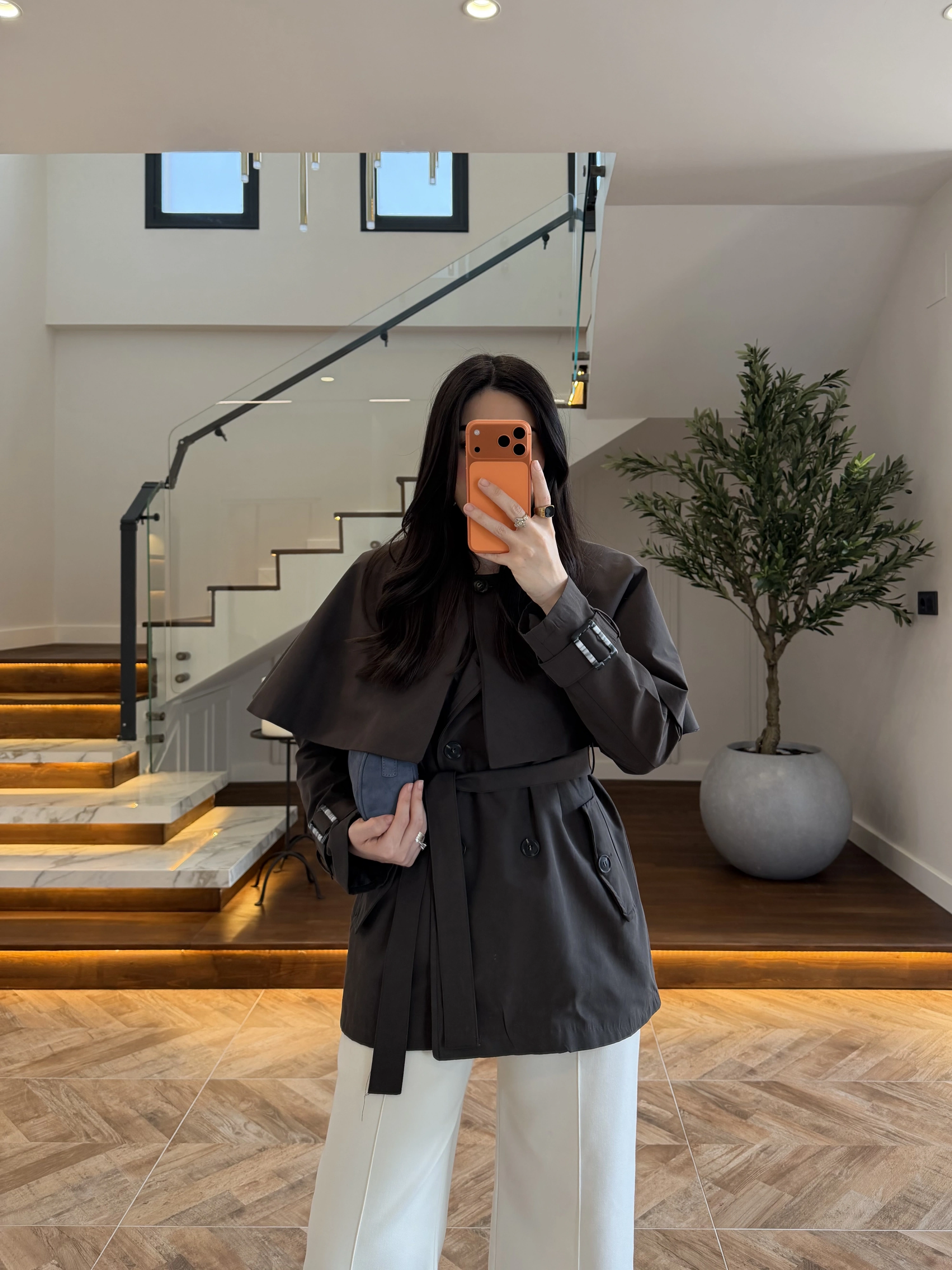 KAHVE PELERİN DETAY TRENCH -7764