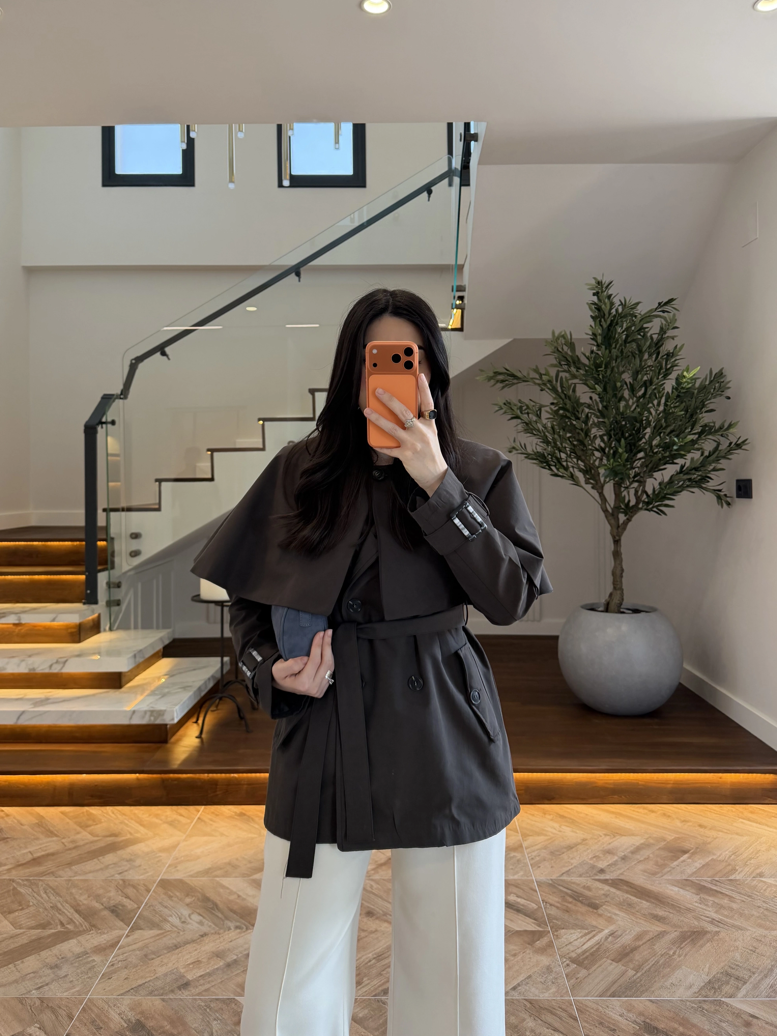 KAHVE PELERİN DETAY TRENCH -7764
