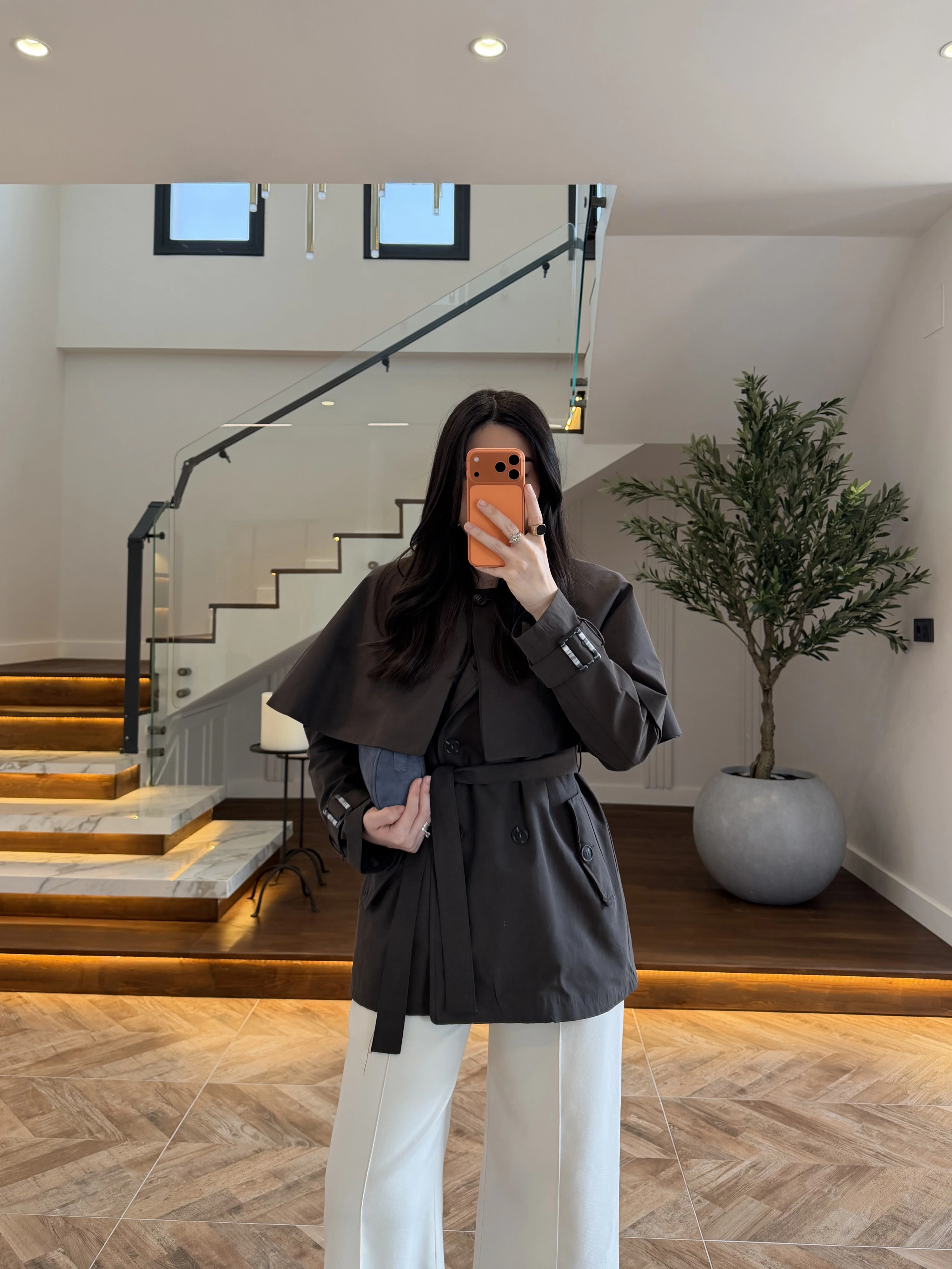 KAHVE PELERİN DETAY TRENCH -7764