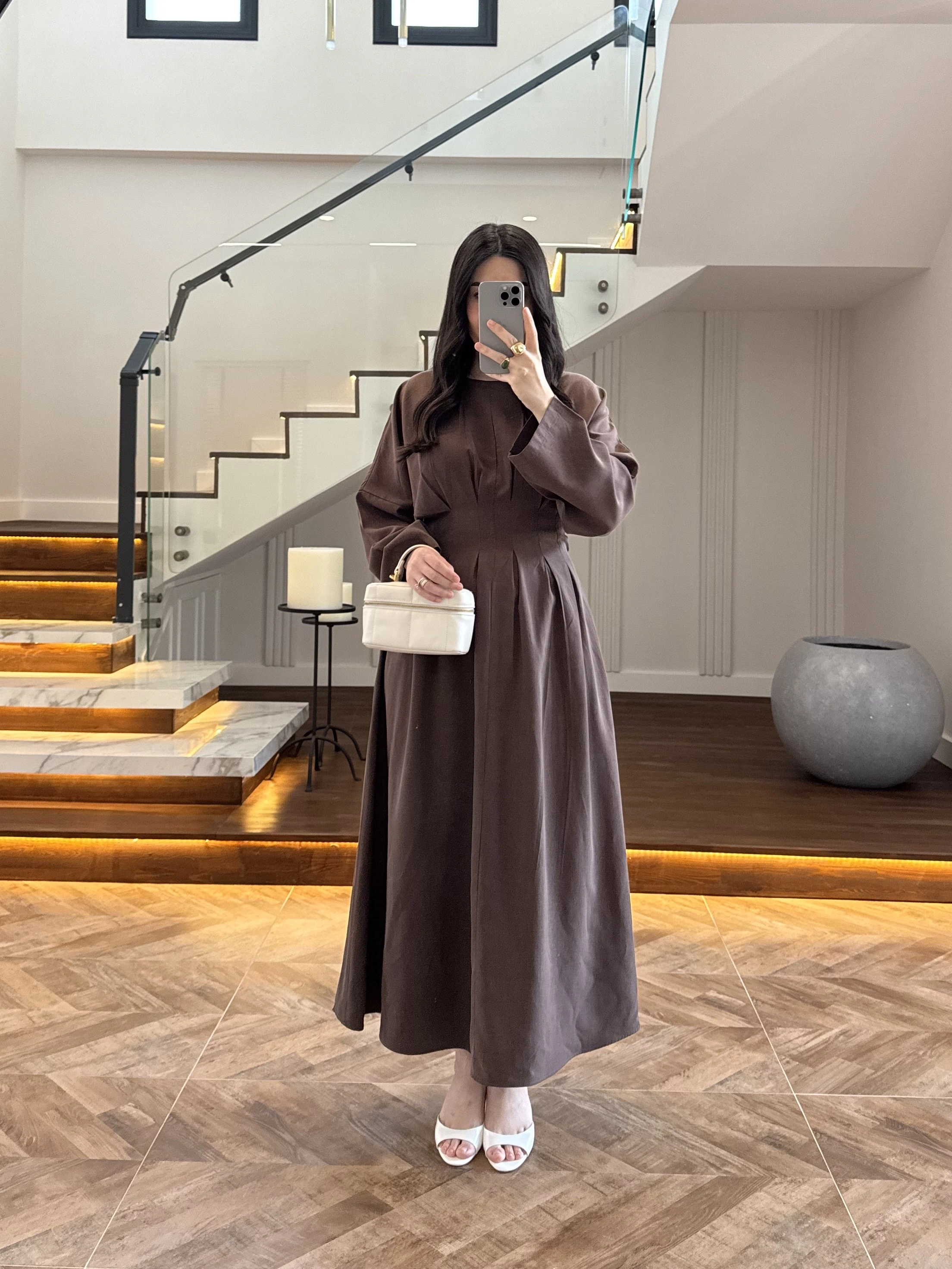 KAHVE PİLE DETAY ELBİSE -2399