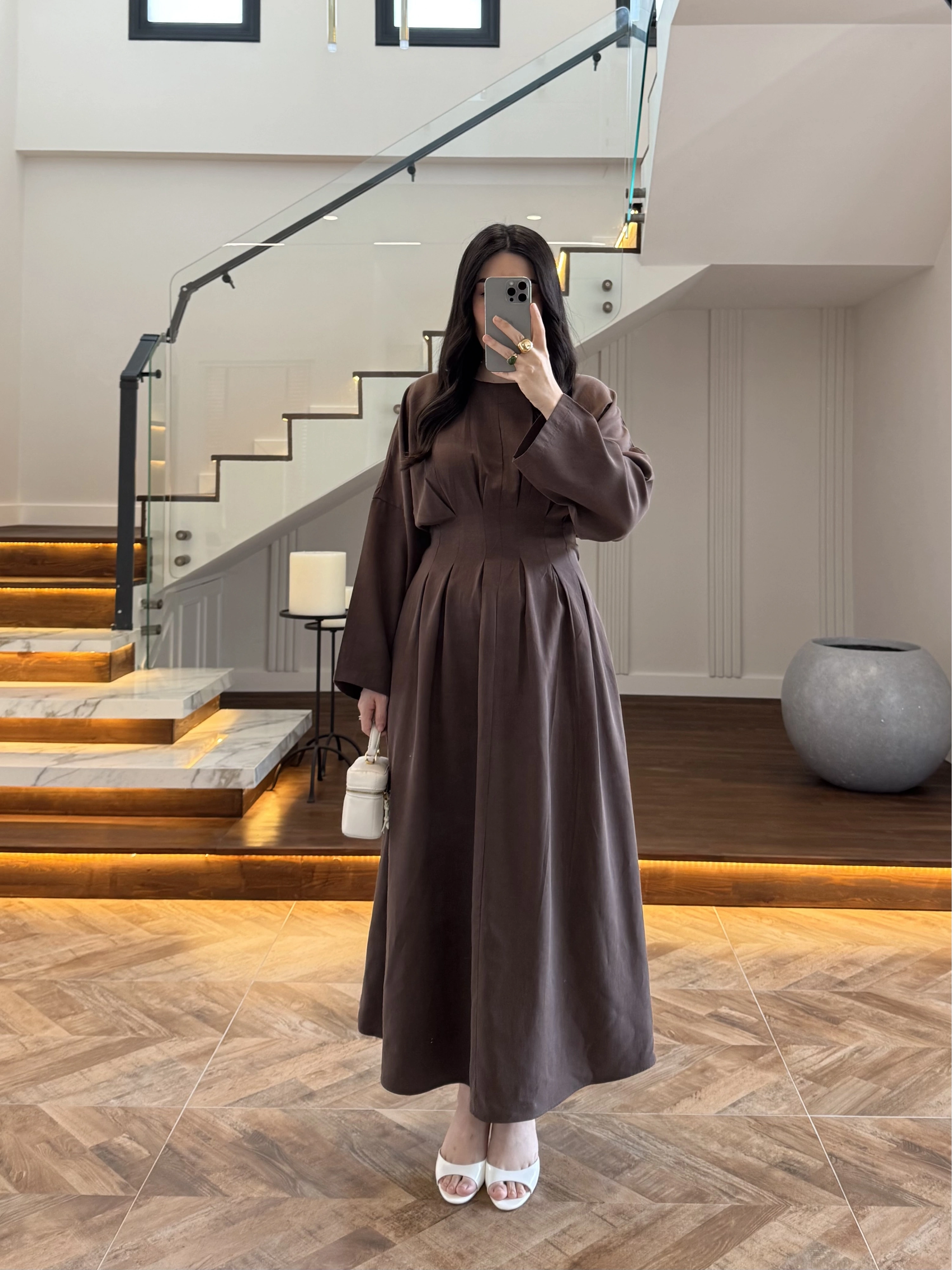 KAHVE PİLE DETAY ELBİSE -2399