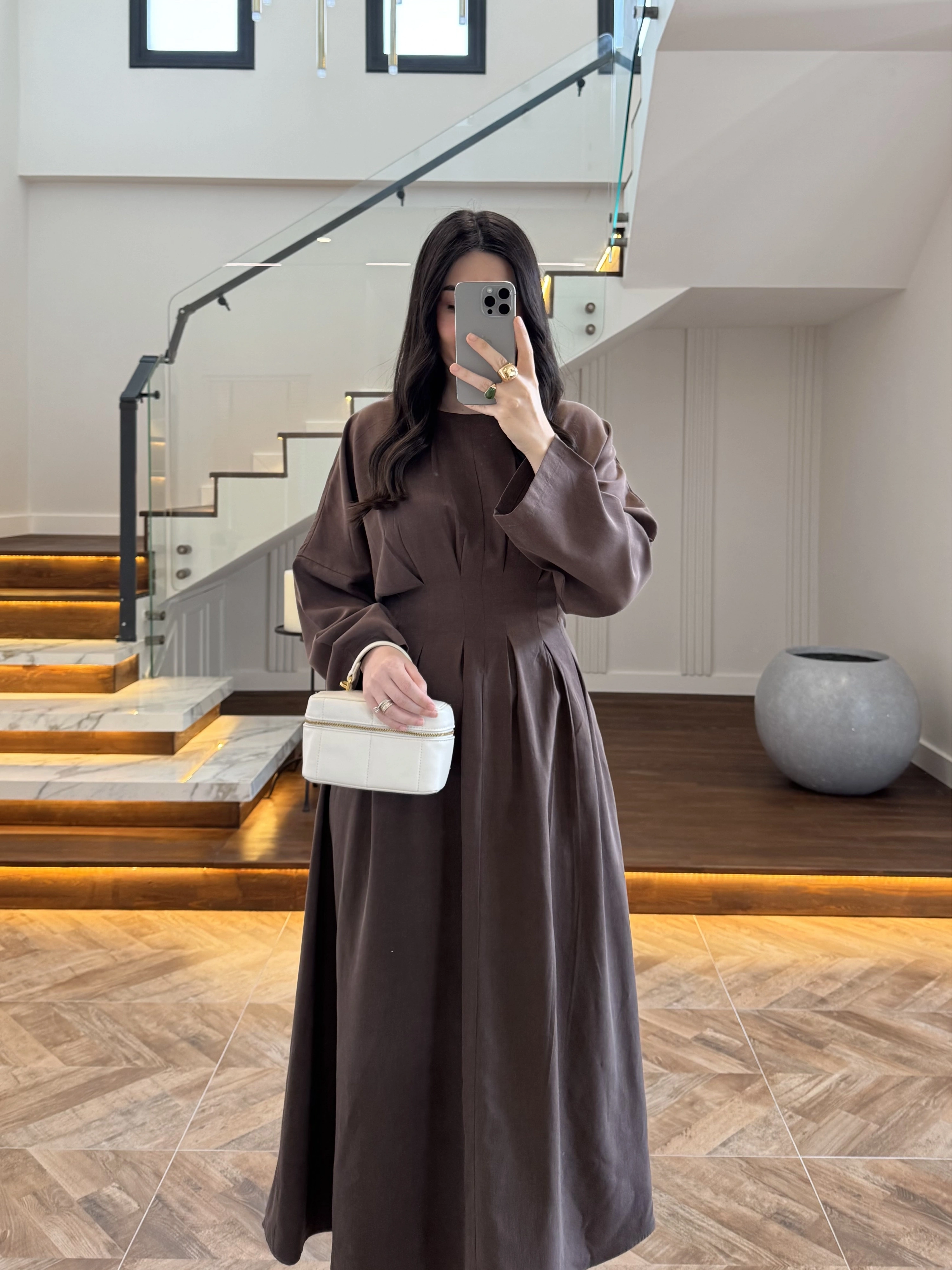 KAHVE PİLE DETAY ELBİSE -2399