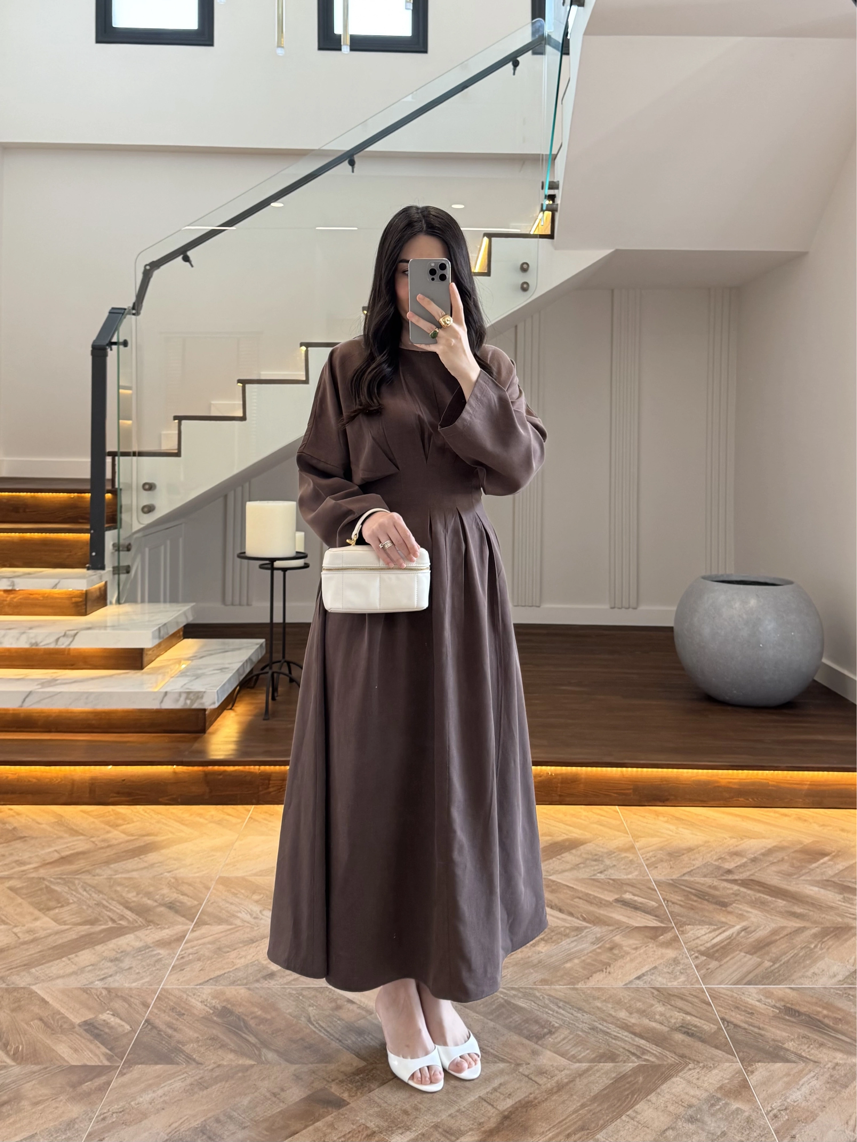 KAHVE PİLE DETAY ELBİSE -2399