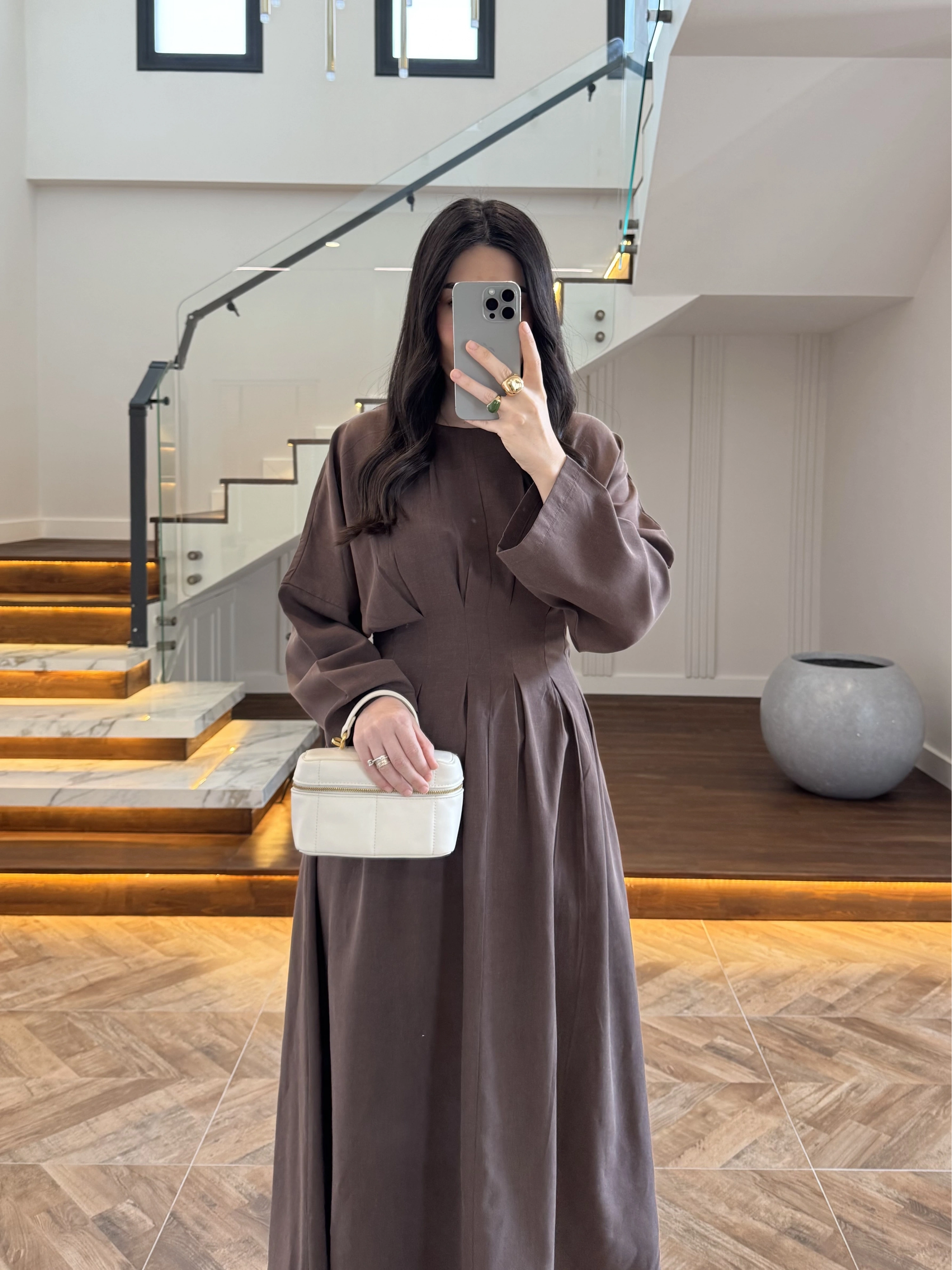 KAHVE PİLE DETAY ELBİSE -2399