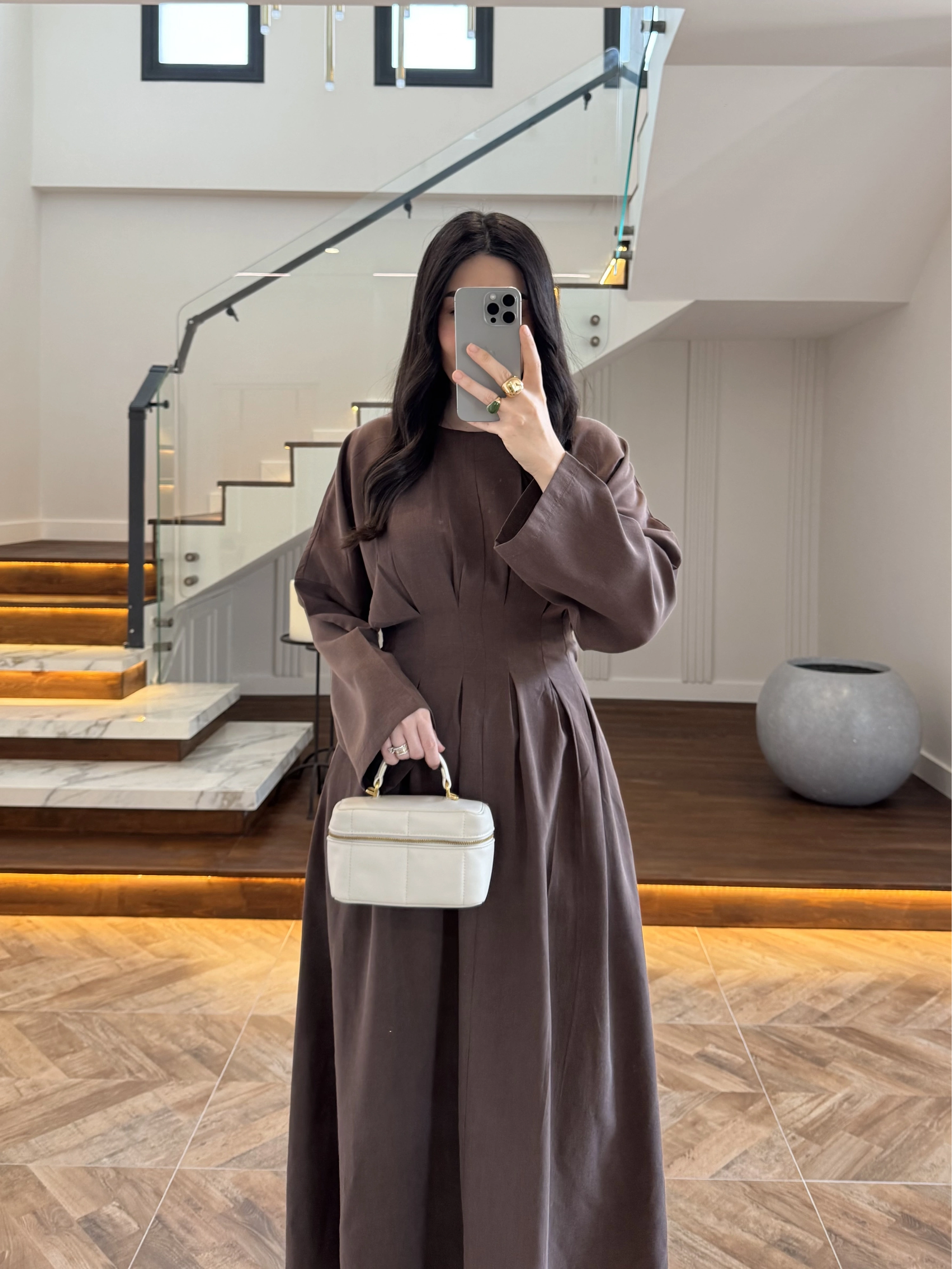 KAHVE PİLE DETAY ELBİSE -2399