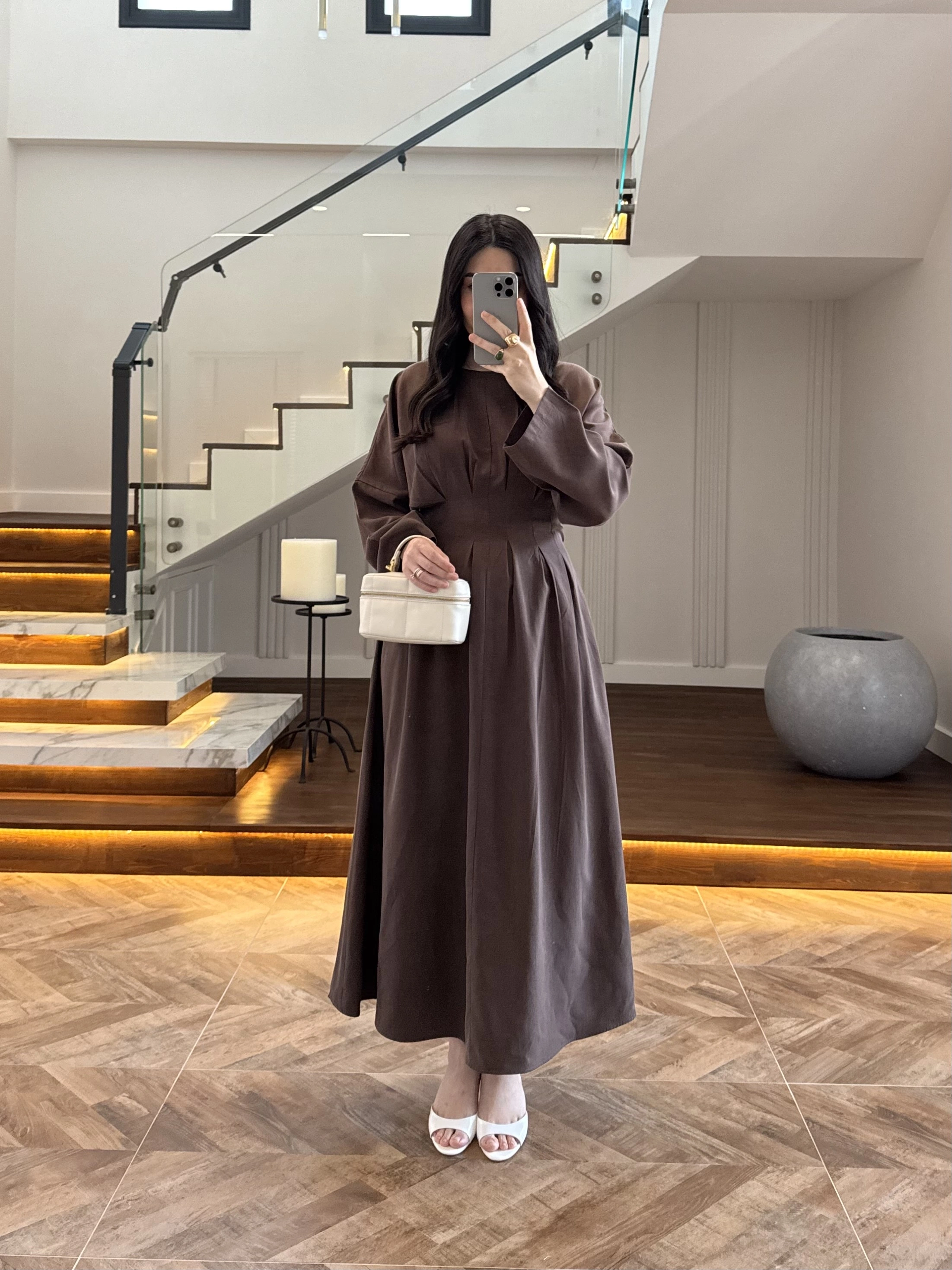 KAHVE PİLE DETAY ELBİSE -2399