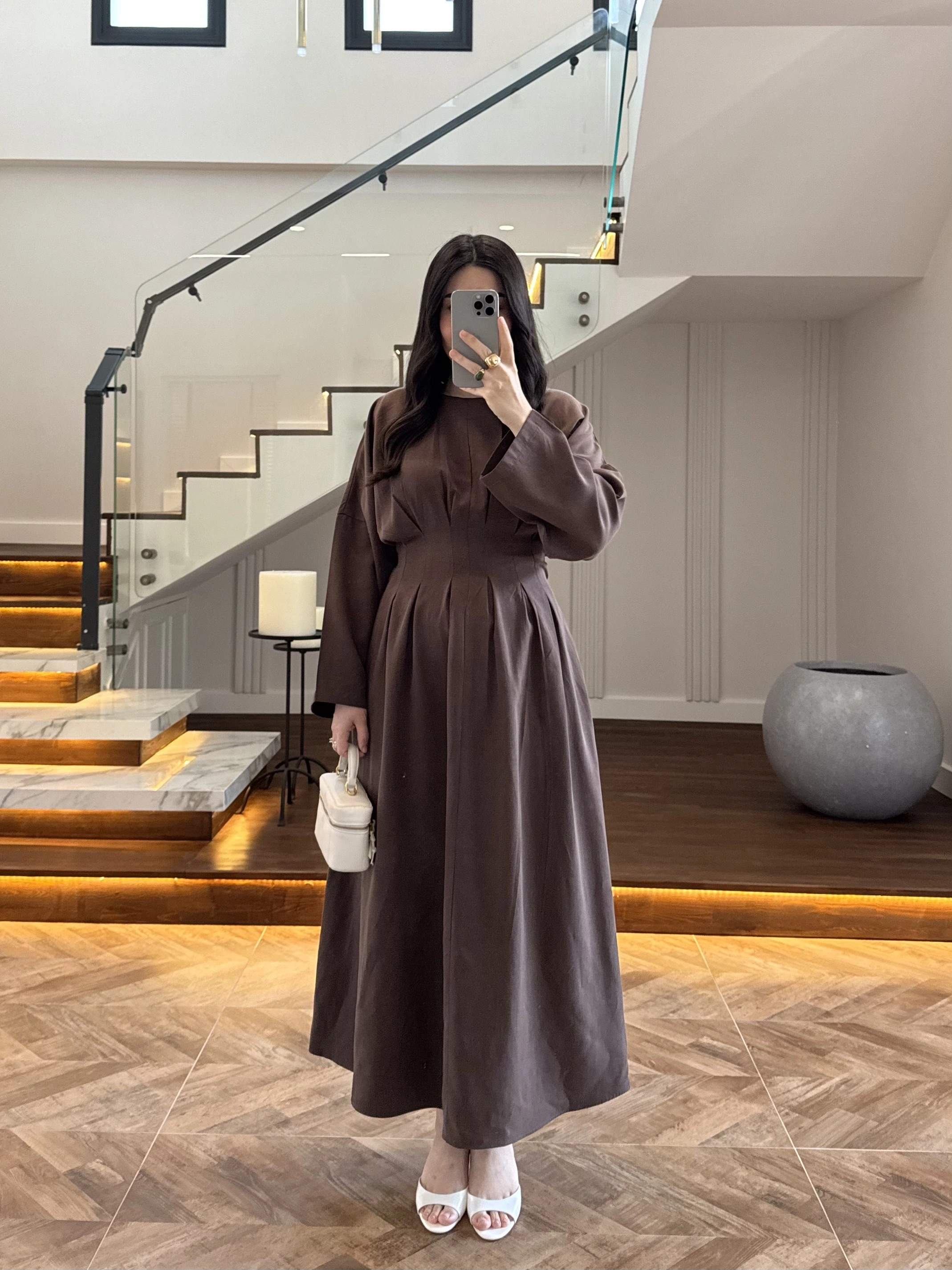 KAHVE PİLE DETAY ELBİSE -2399