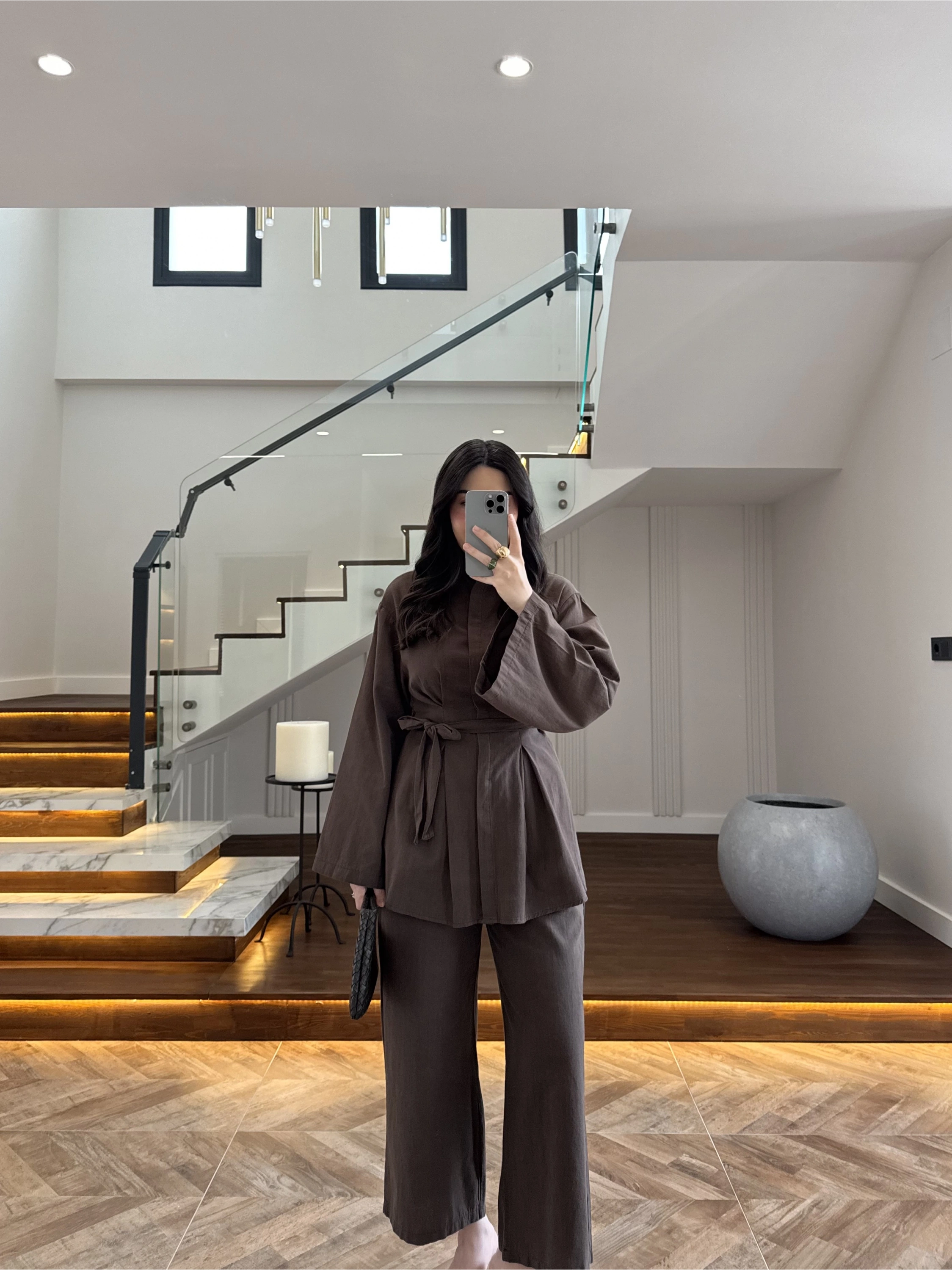 KAHVE PİLE DETAY TUNİK TAKIM -9182