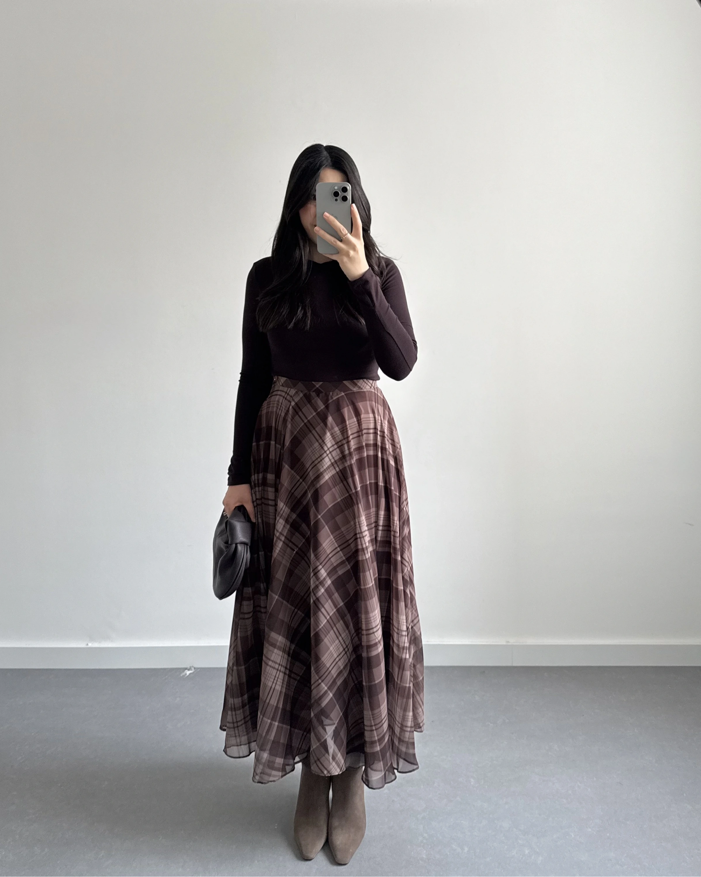 KAHVE ŞİFON EKOSE DESEN KLOŞ ETEK