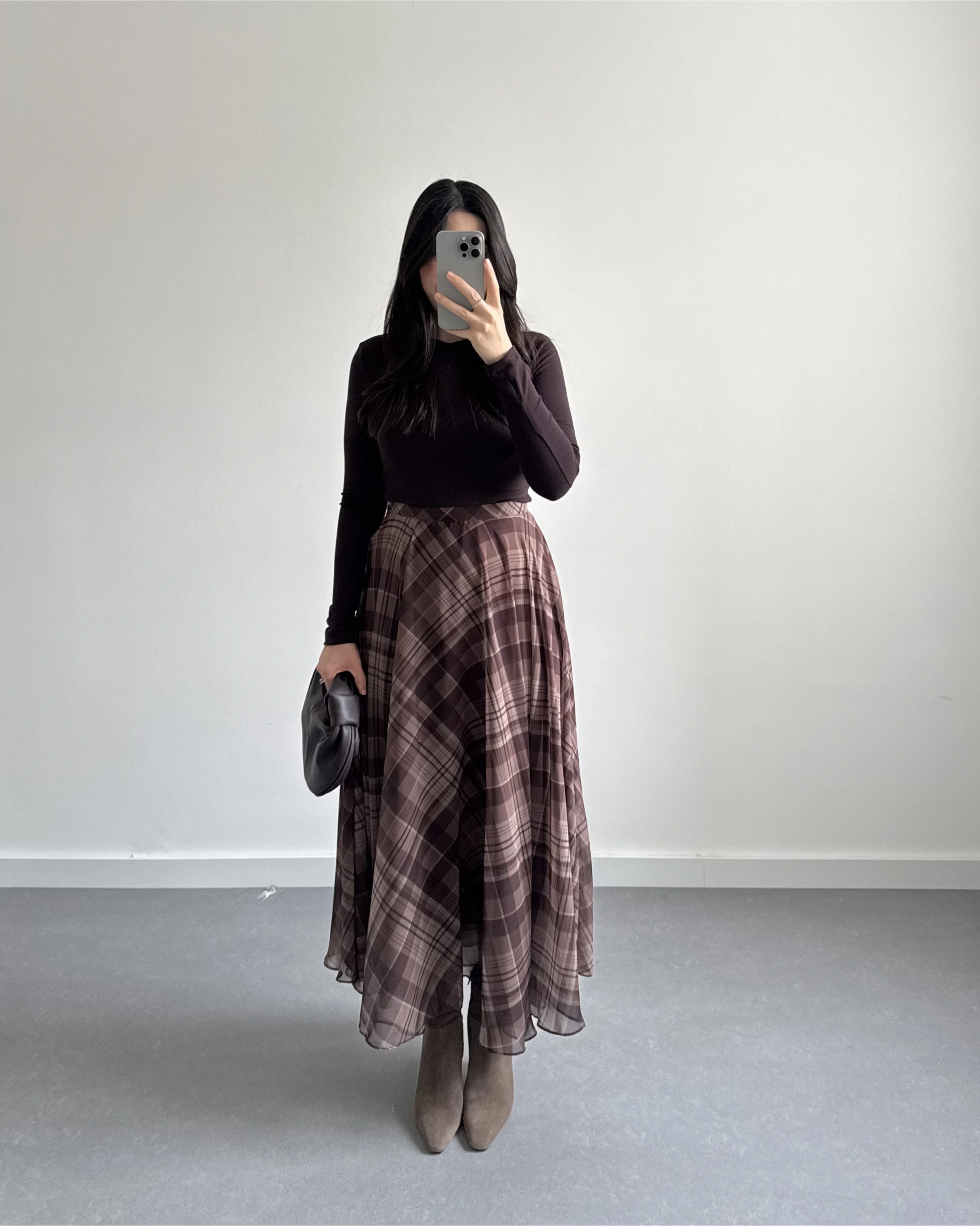 KAHVE ŞİFON EKOSE DESEN KLOŞ ETEK