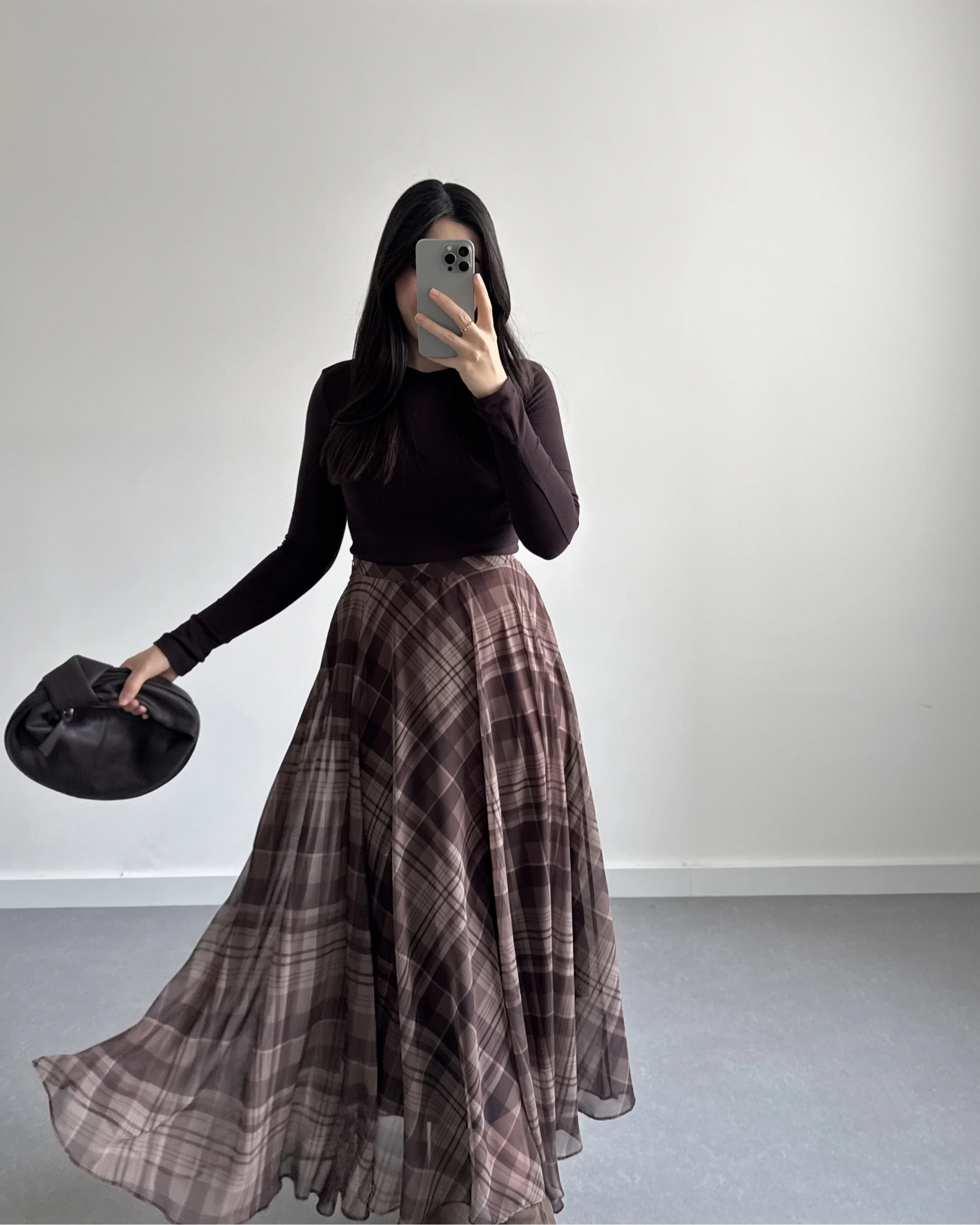 KAHVE ŞİFON EKOSE DESEN KLOŞ ETEK