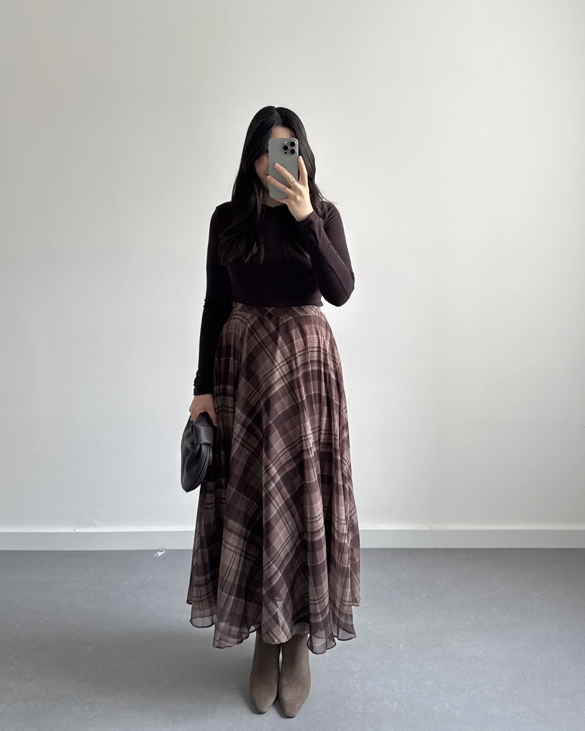 KAHVE ŞİFON EKOSE DESEN KLOŞ ETEK