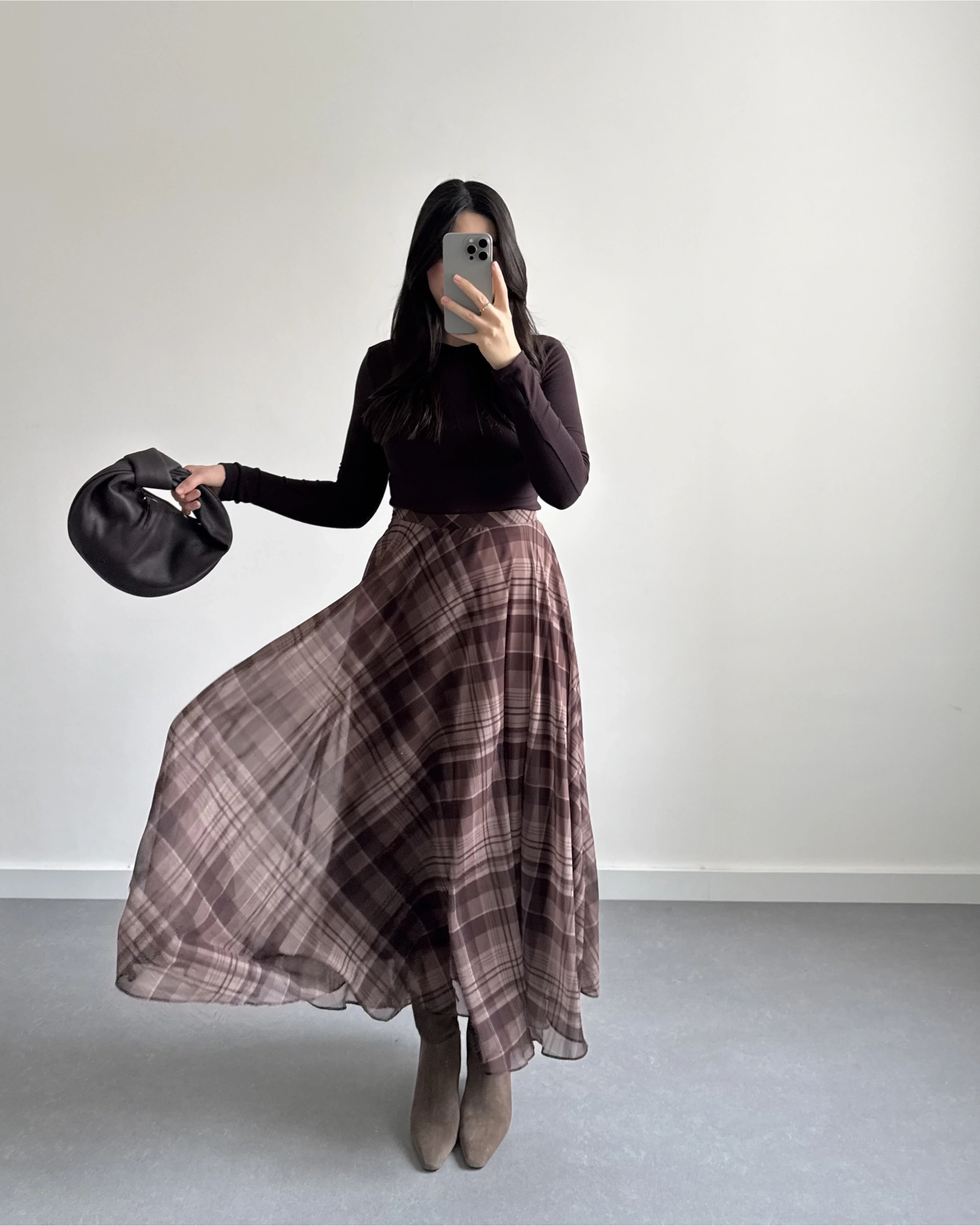 KAHVE ŞİFON EKOSE DESEN KLOŞ ETEK