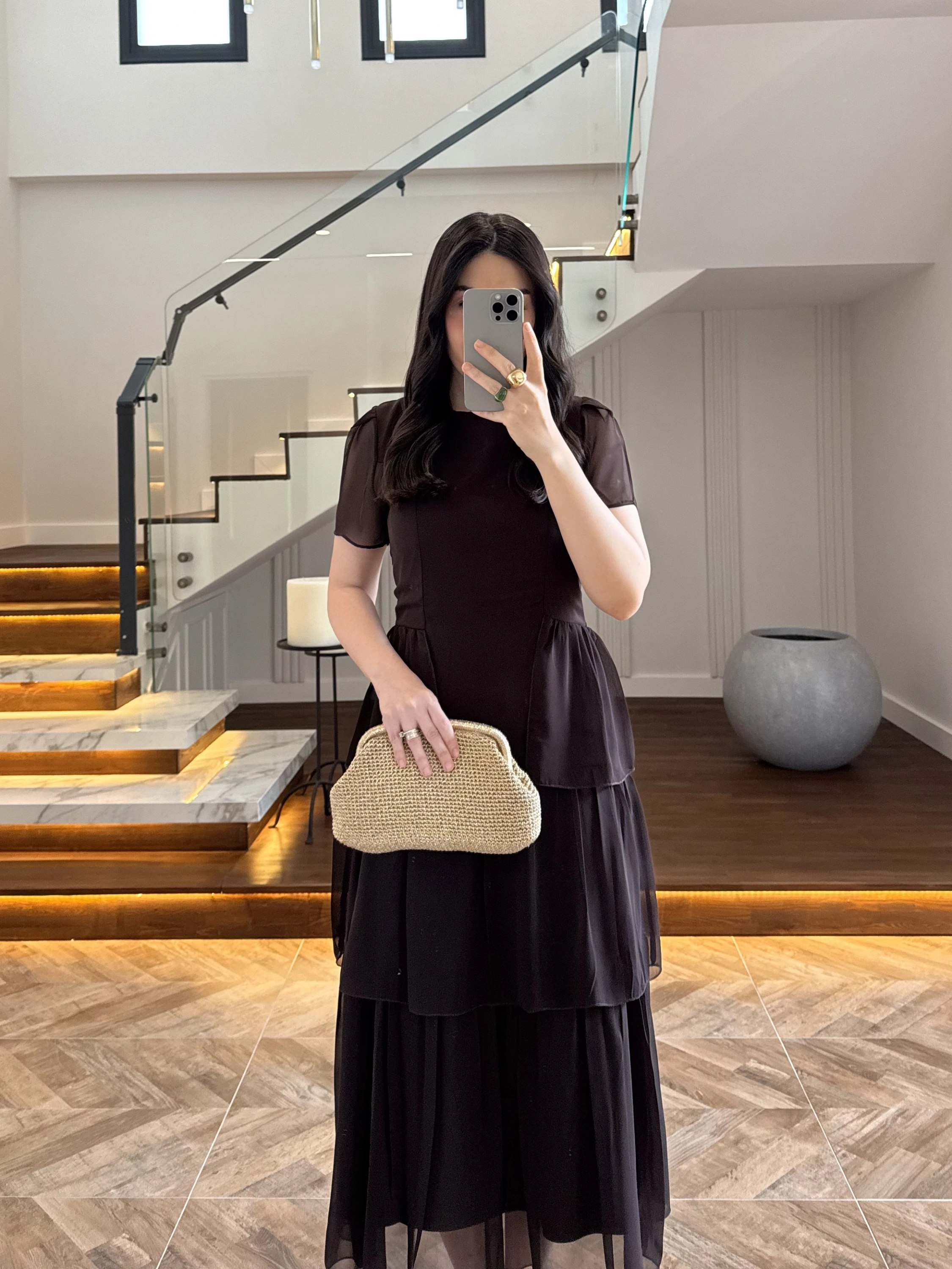 KAHVE SIRT BAĞLAMA DETAY TÜL ELBİSE -4076
