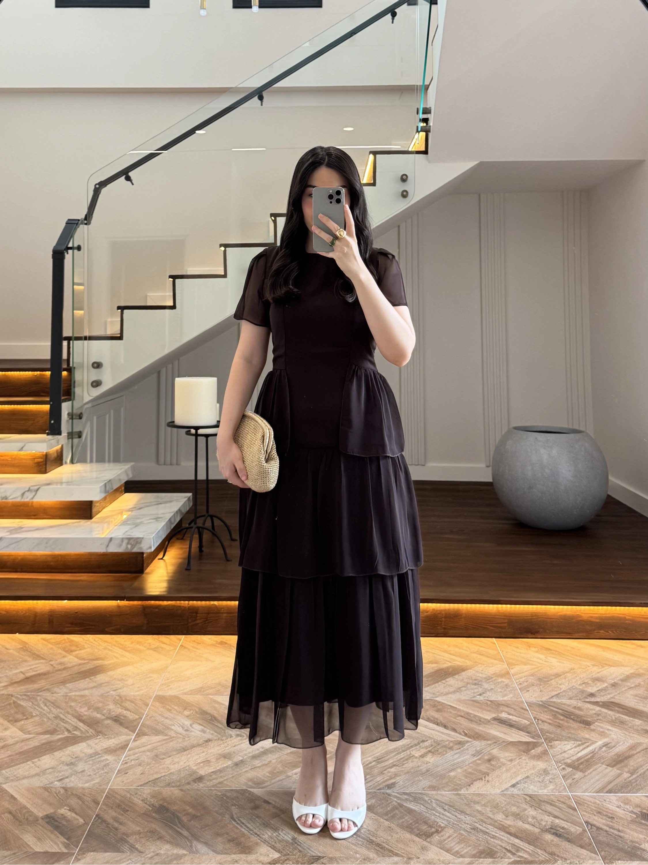 KAHVE SIRT BAĞLAMA DETAY TÜL ELBİSE -4076