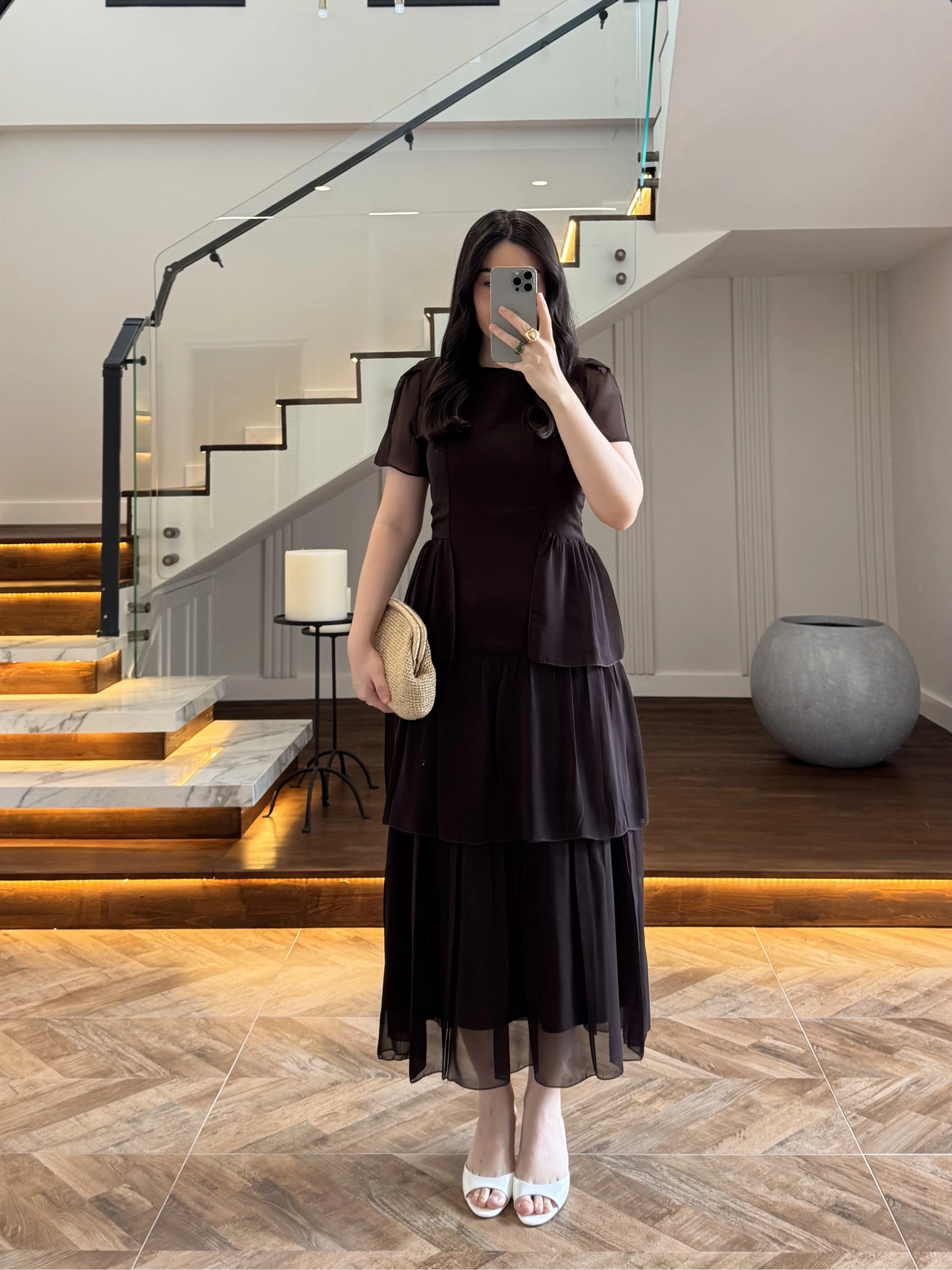 KAHVE SIRT BAĞLAMA DETAY TÜL ELBİSE -4076