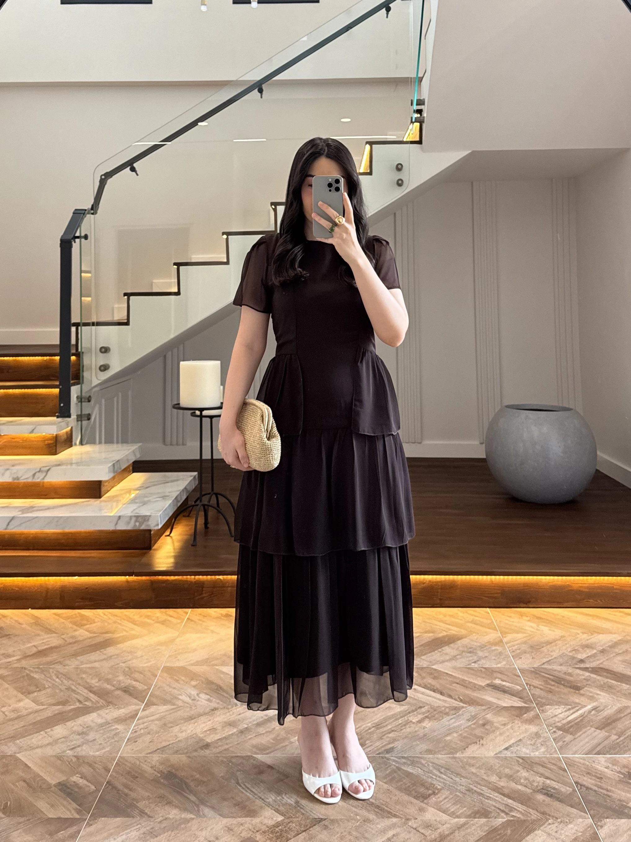 KAHVE SIRT BAĞLAMA DETAY TÜL ELBİSE -4076