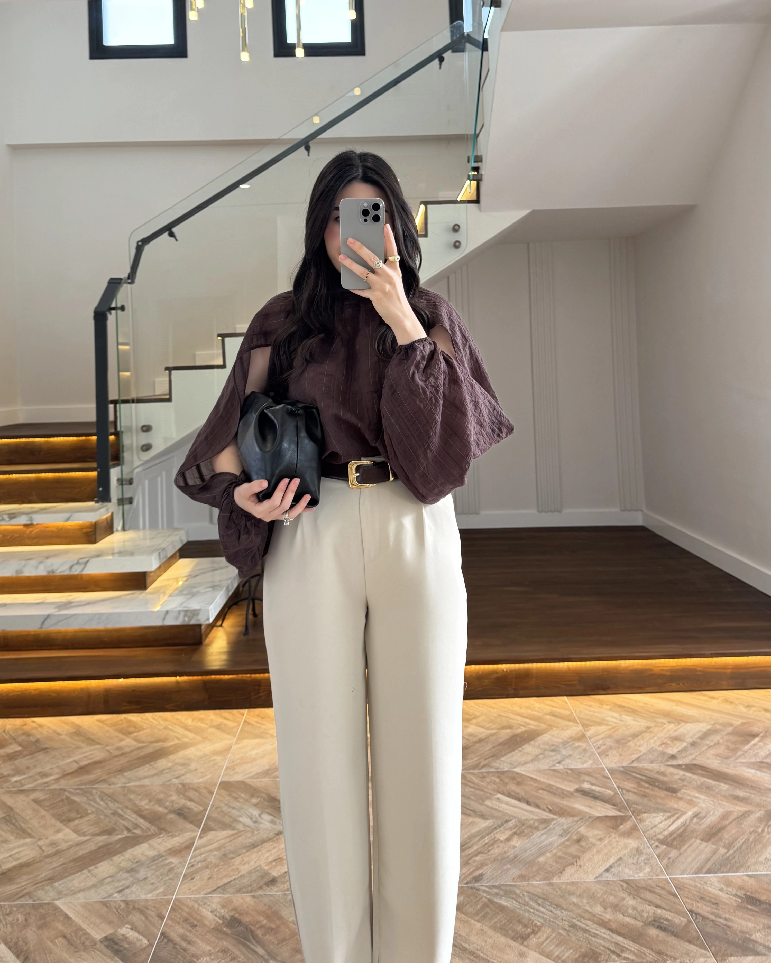 KAHVE TASARIM BALON KOL BLUZ -5415