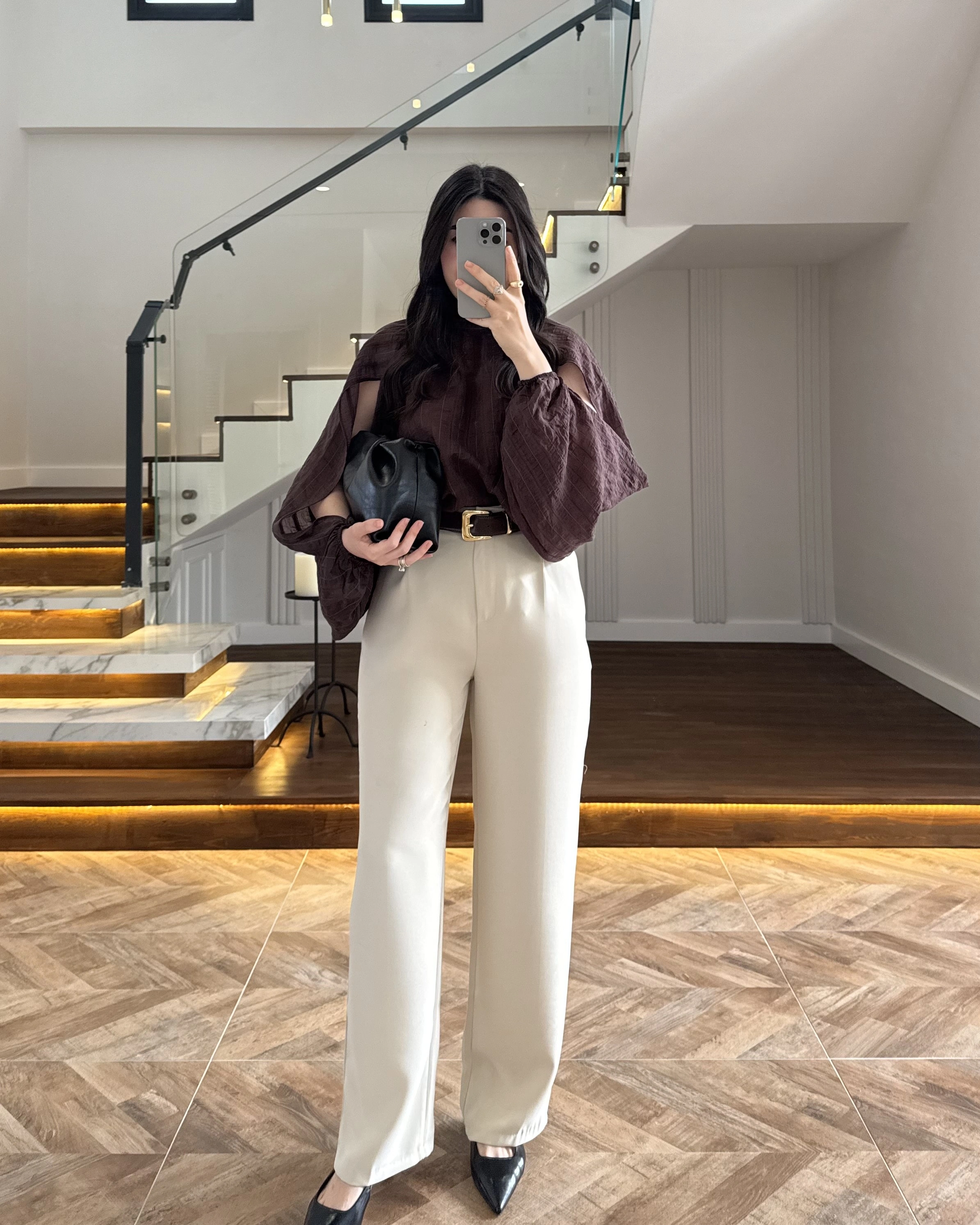 KAHVE TASARIM BALON KOL BLUZ -5415