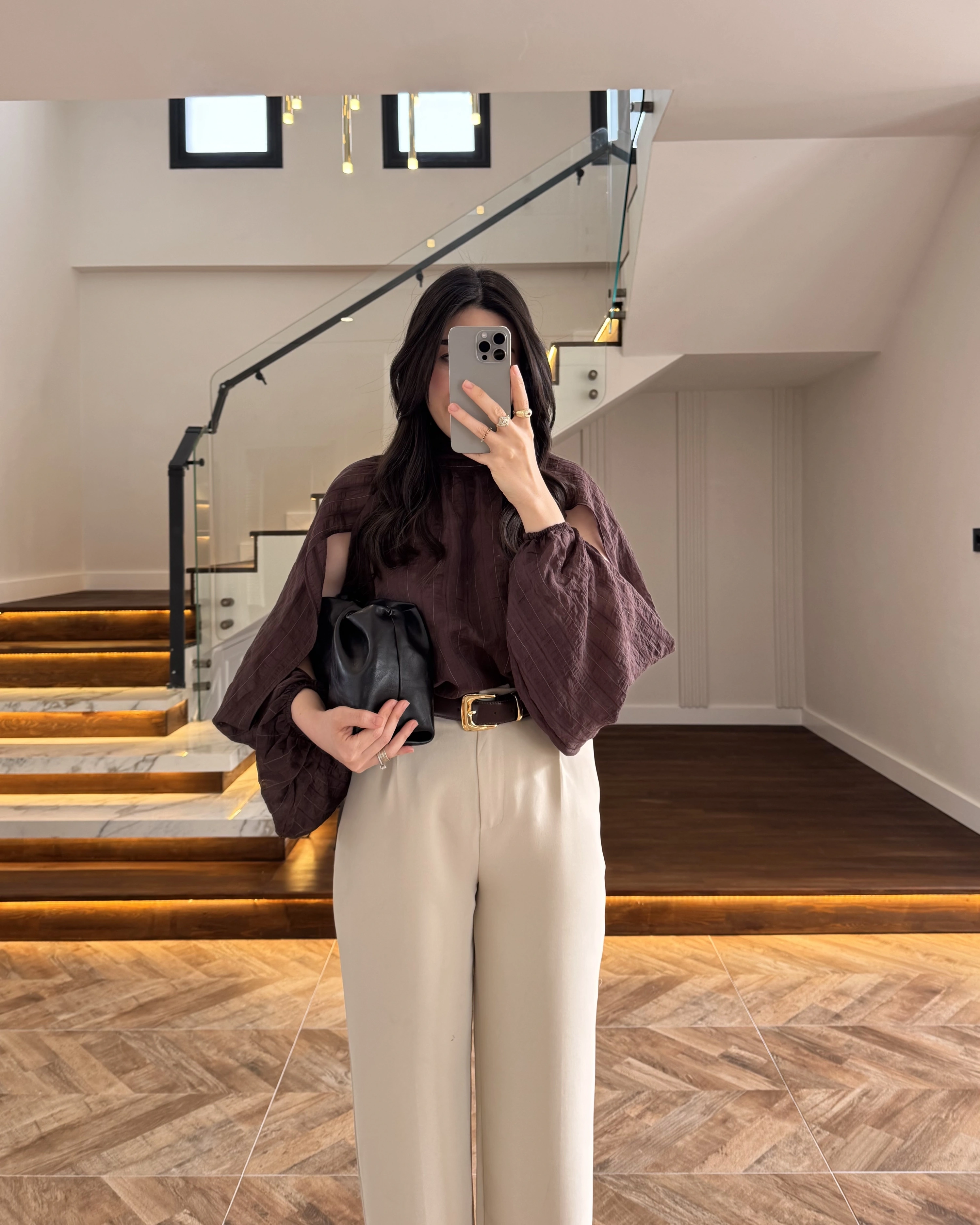 KAHVE TASARIM BALON KOL BLUZ -5415