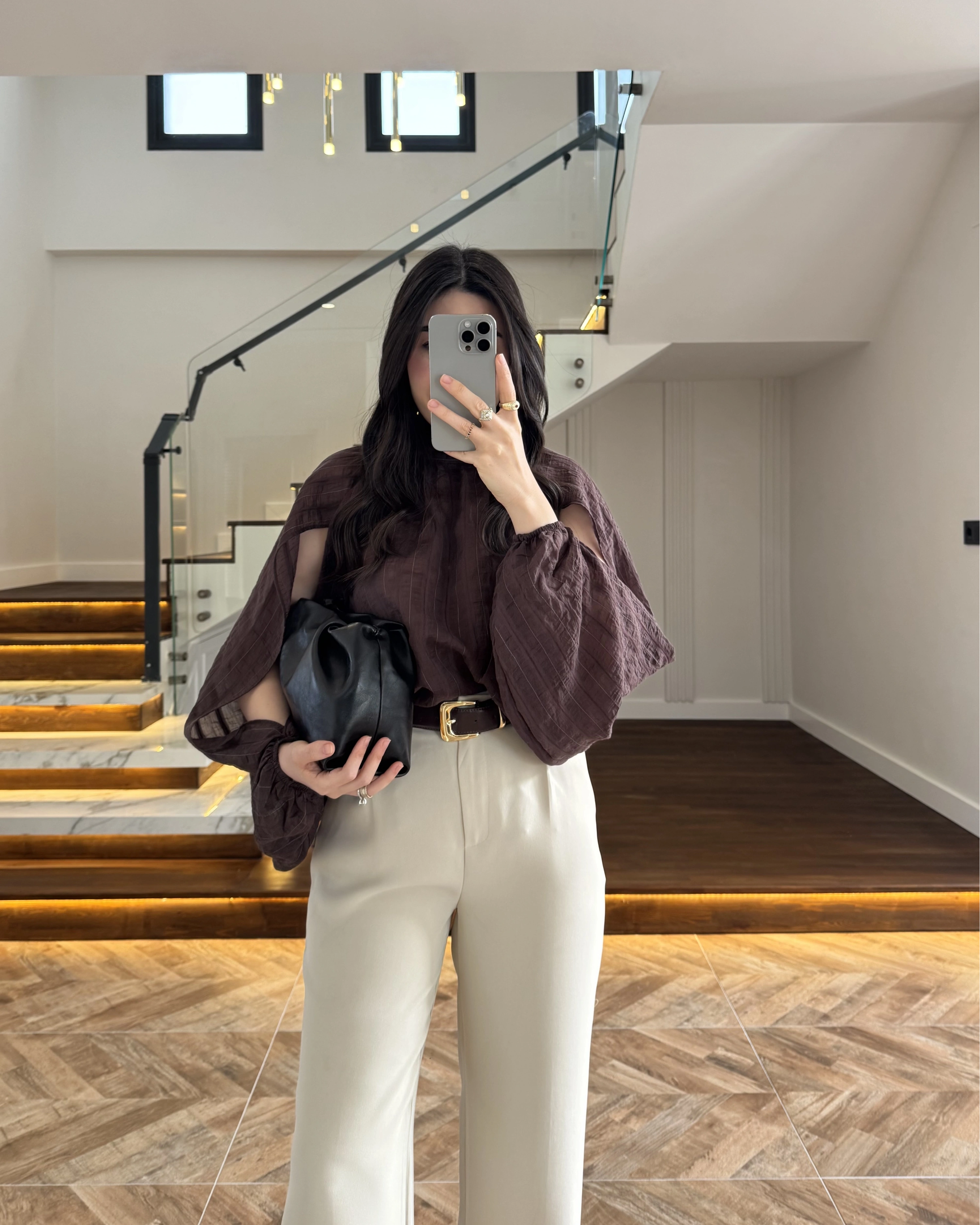 KAHVE TASARIM BALON KOL BLUZ -5415