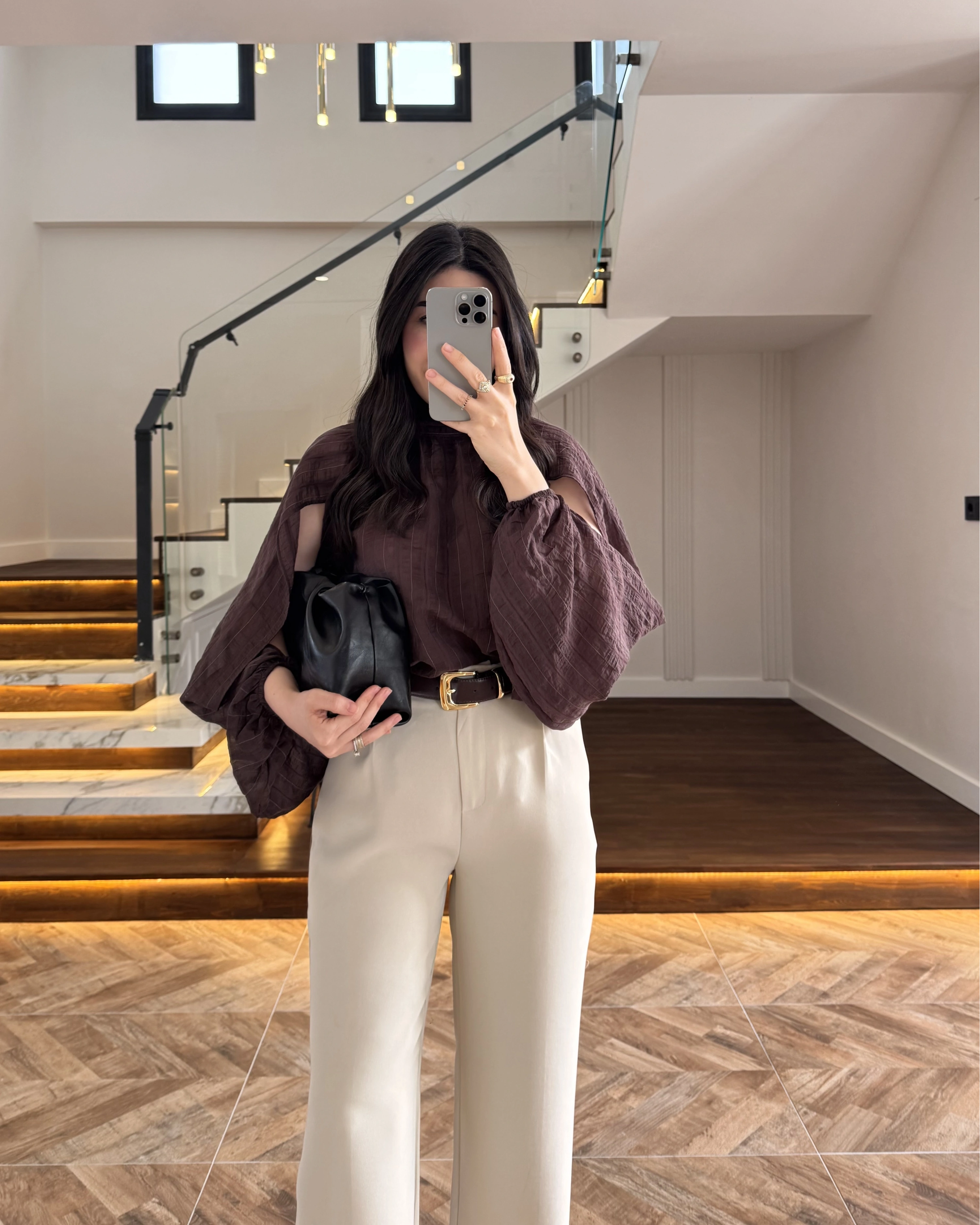 KAHVE TASARIM BALON KOL BLUZ -5415