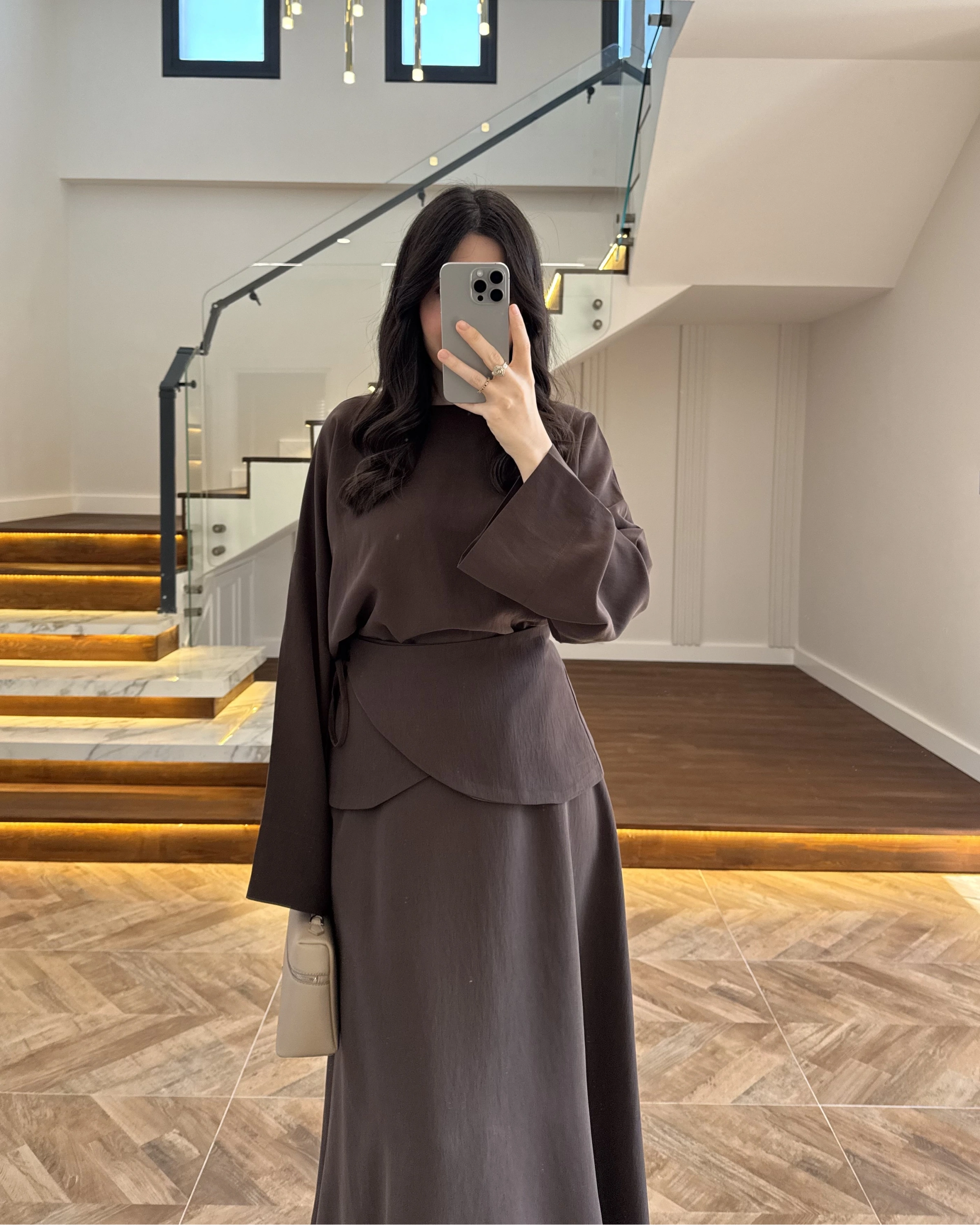 KAHVE TASARIM ETEK BLUZ TAKIM -9034