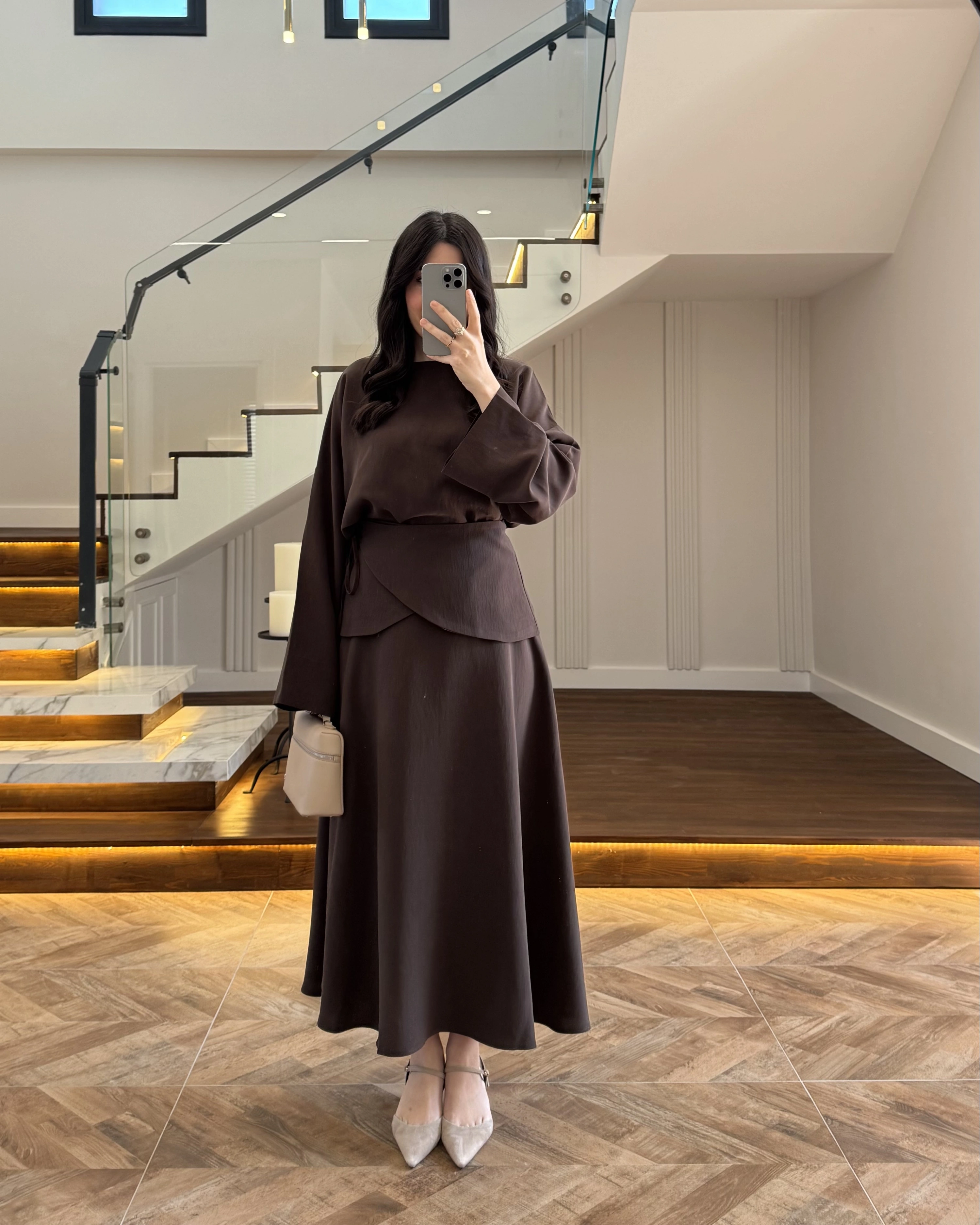 KAHVE TASARIM ETEK BLUZ TAKIM -9034