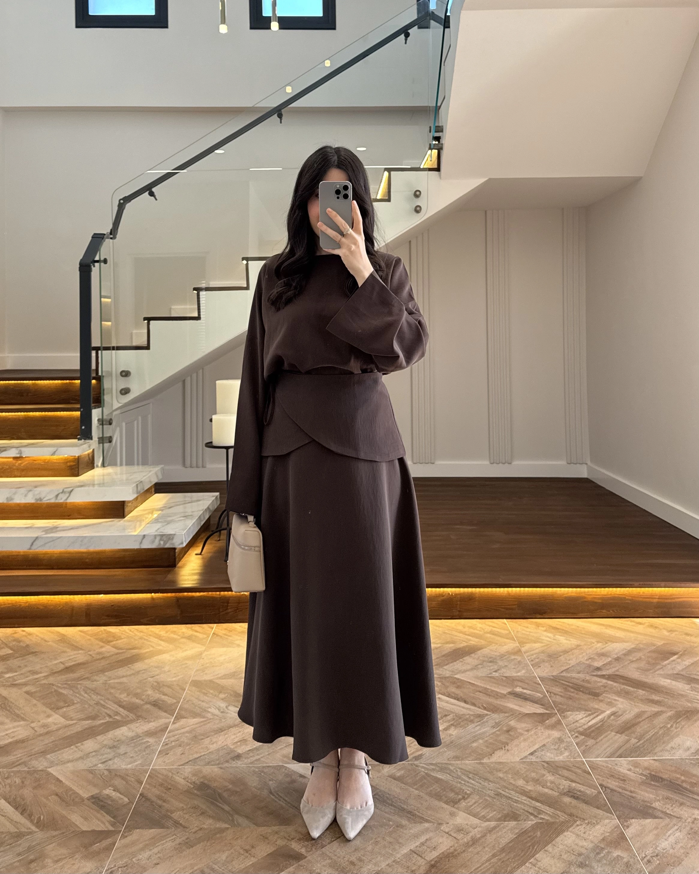 KAHVE TASARIM ETEK BLUZ TAKIM -9034