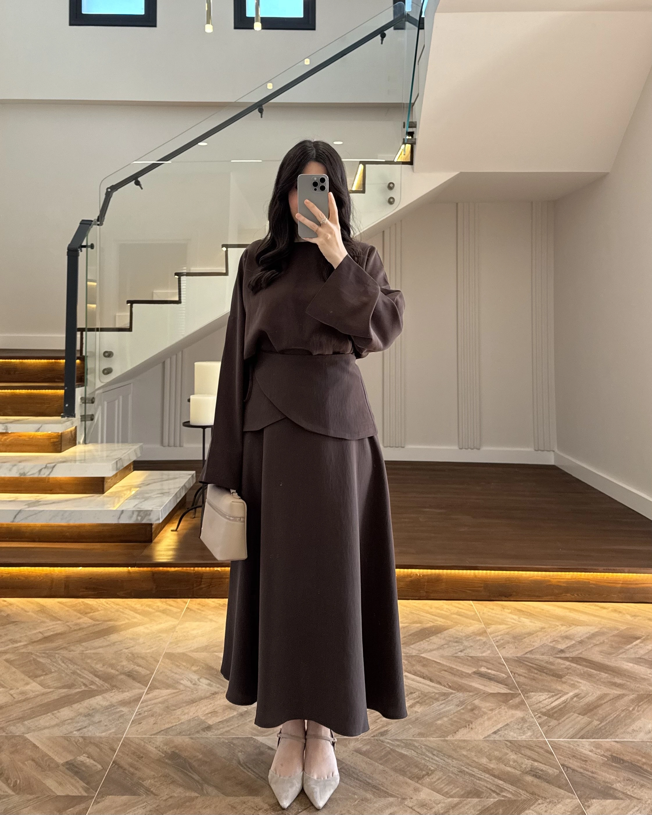 KAHVE TASARIM ETEK BLUZ TAKIM -9034