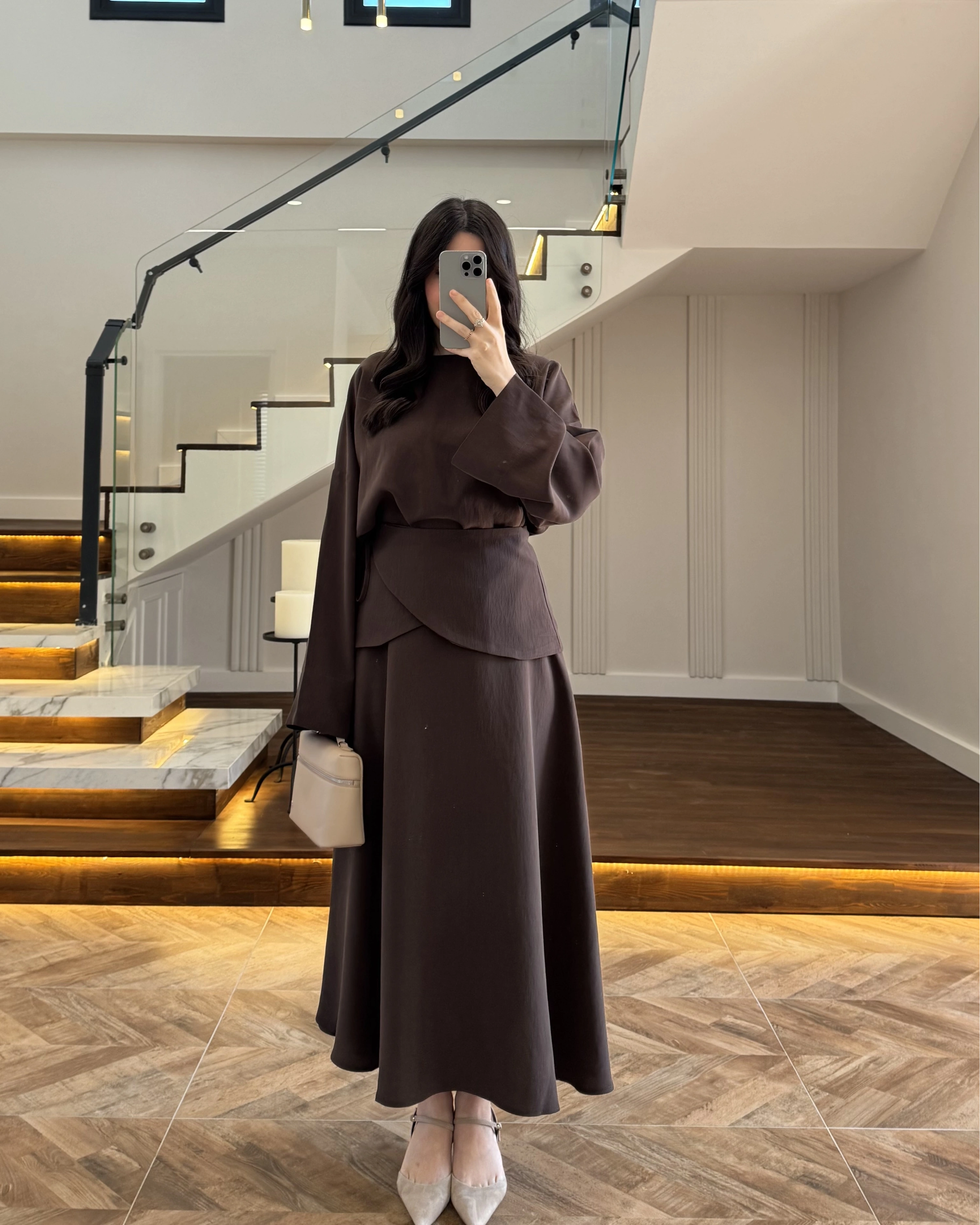 KAHVE TASARIM ETEK BLUZ TAKIM -9034