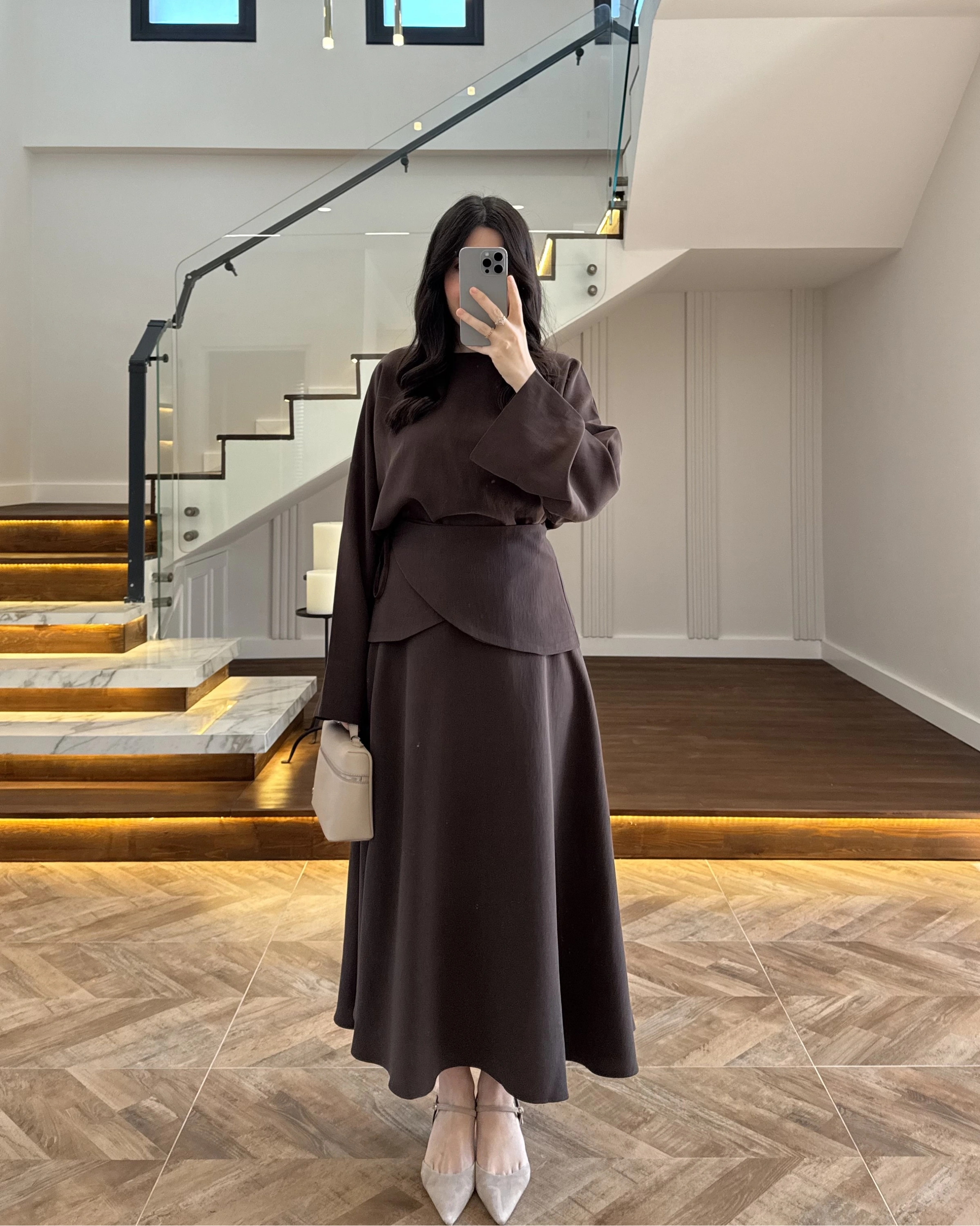 KAHVE TASARIM ETEK BLUZ TAKIM -9034