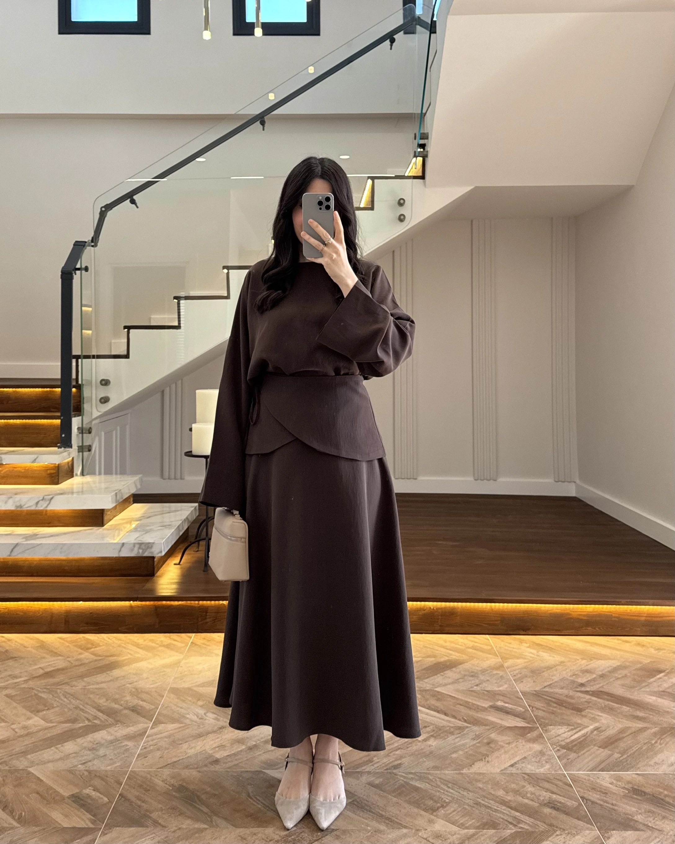 KAHVE TASARIM ETEK BLUZ TAKIM -9034