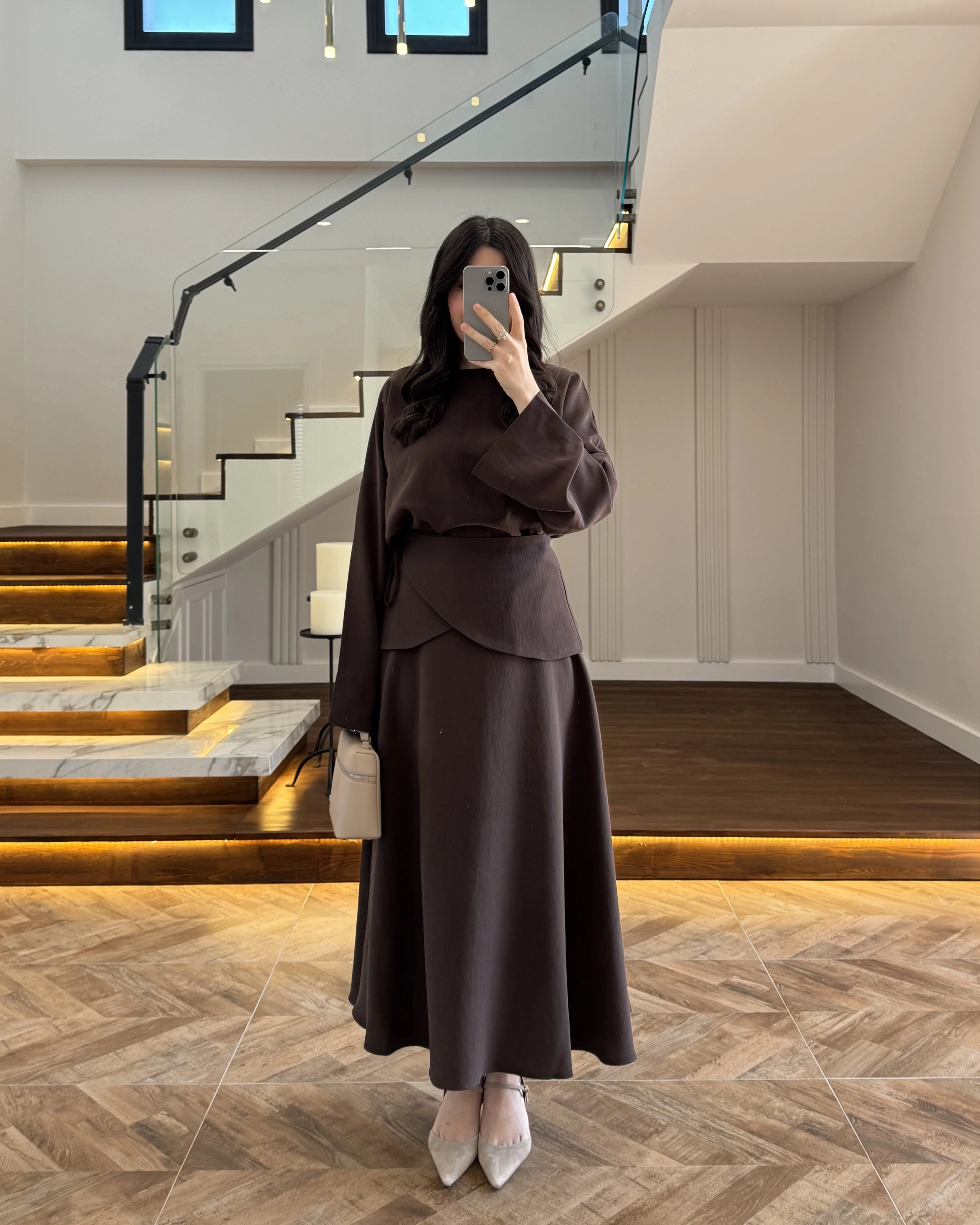 KAHVE TASARIM ETEK BLUZ TAKIM -9034