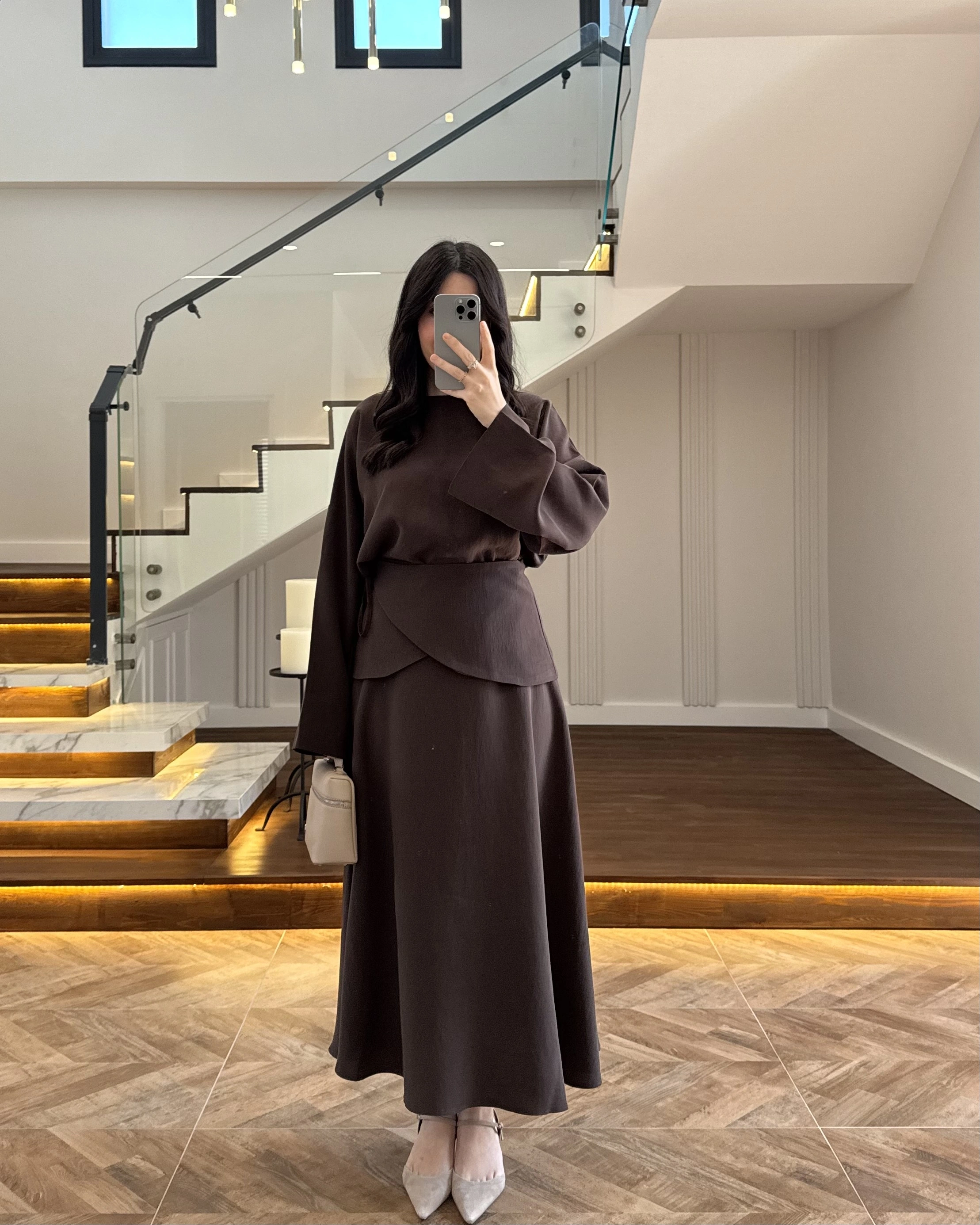 KAHVE TASARIM ETEK BLUZ TAKIM -9034