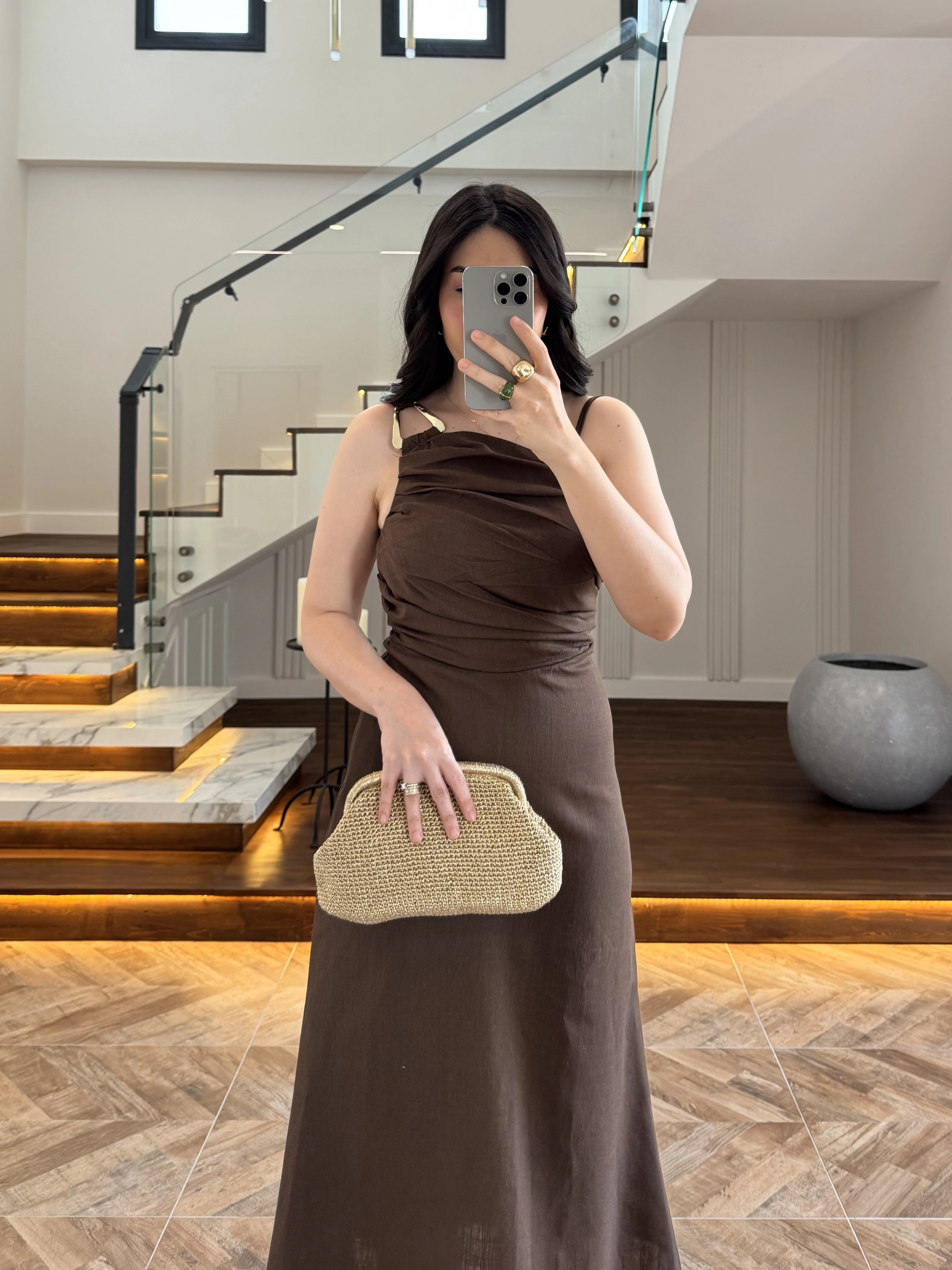 KAHVE TEK OMUZ KETEN ELBİSE-4160