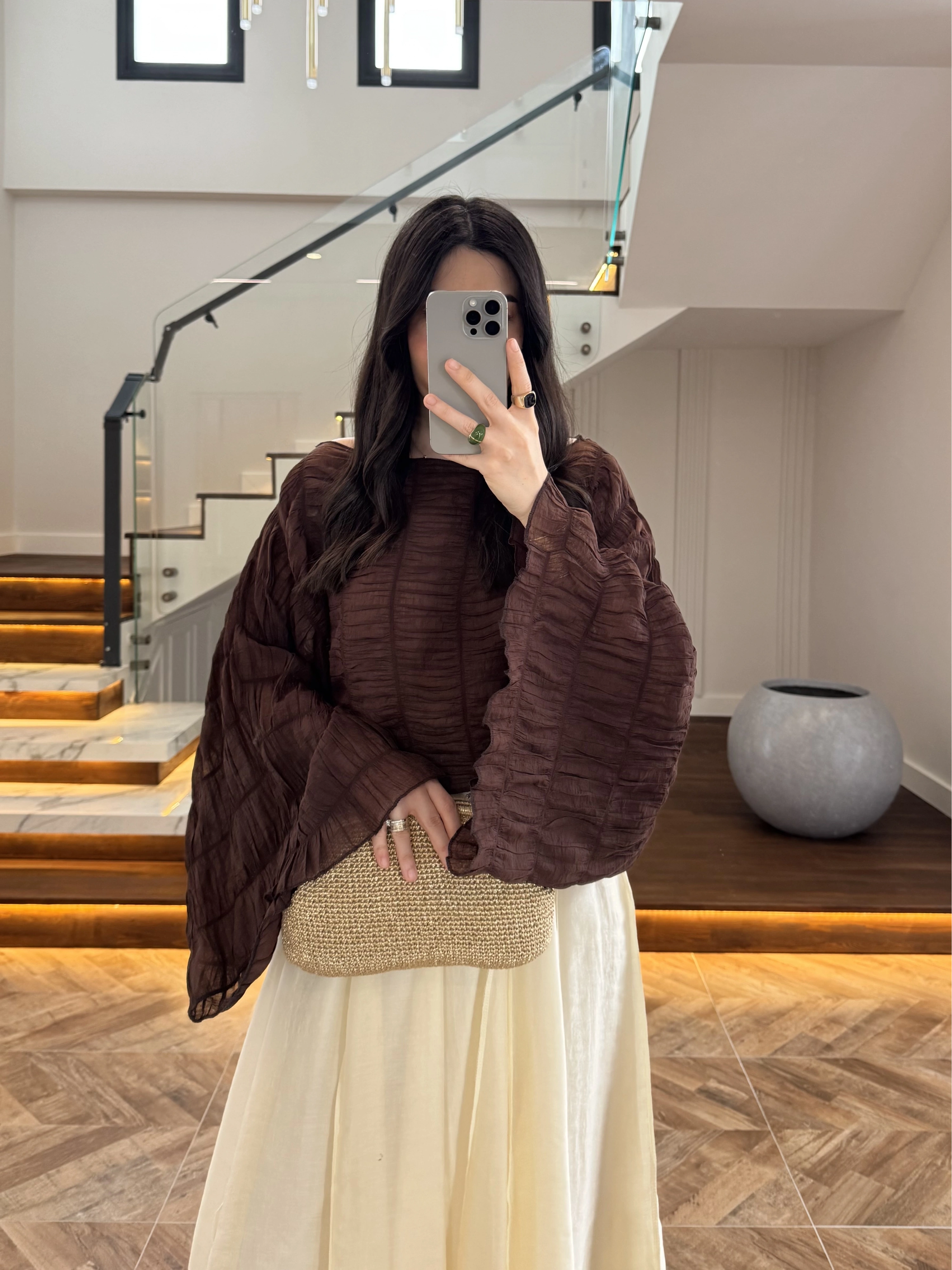 KAHVE TENSEL DRAPE BLUZ-D31096